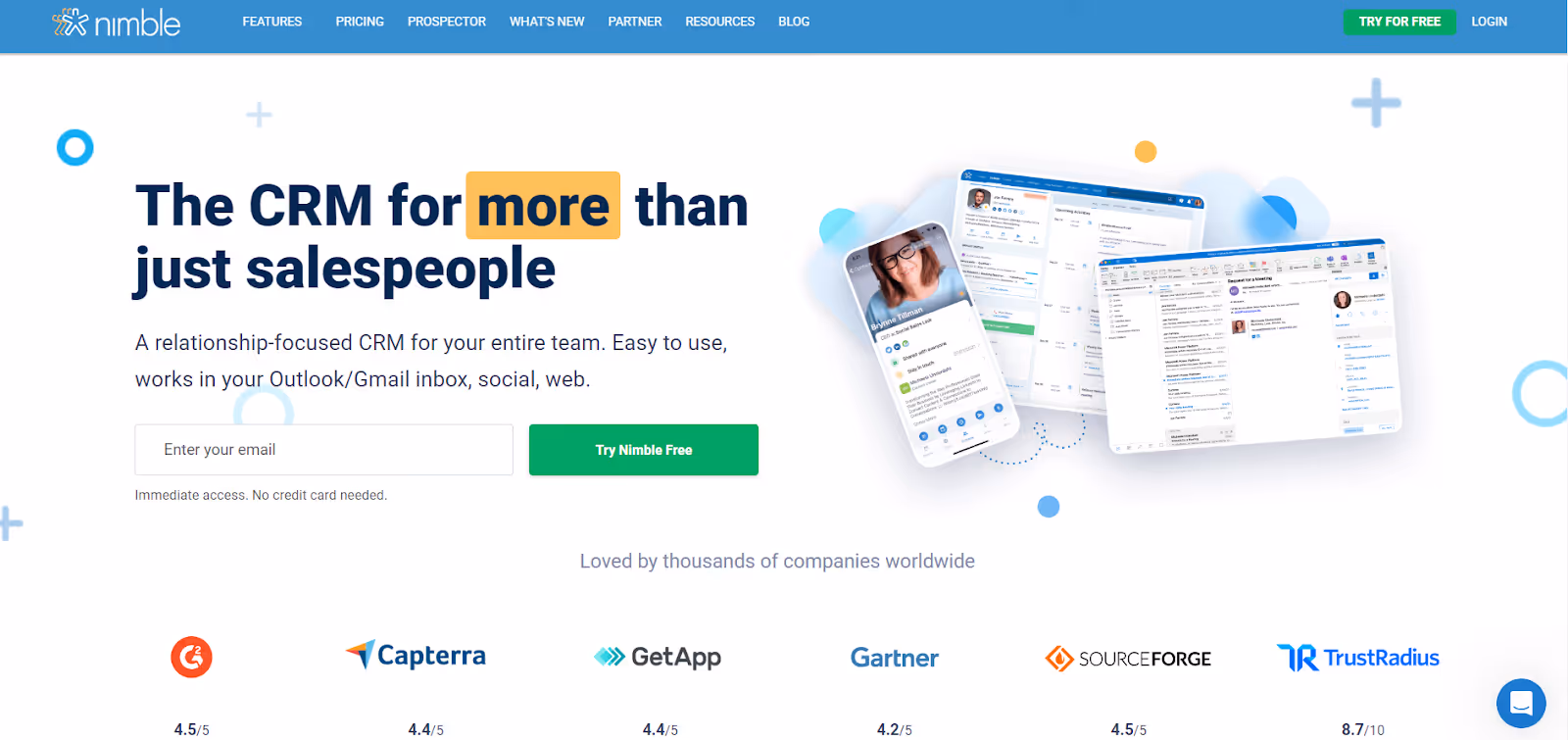 The image is a web page header for Nimble CRM, promoting it as a versatile CRM for teams beyond just salespeople, with an option to try for free.