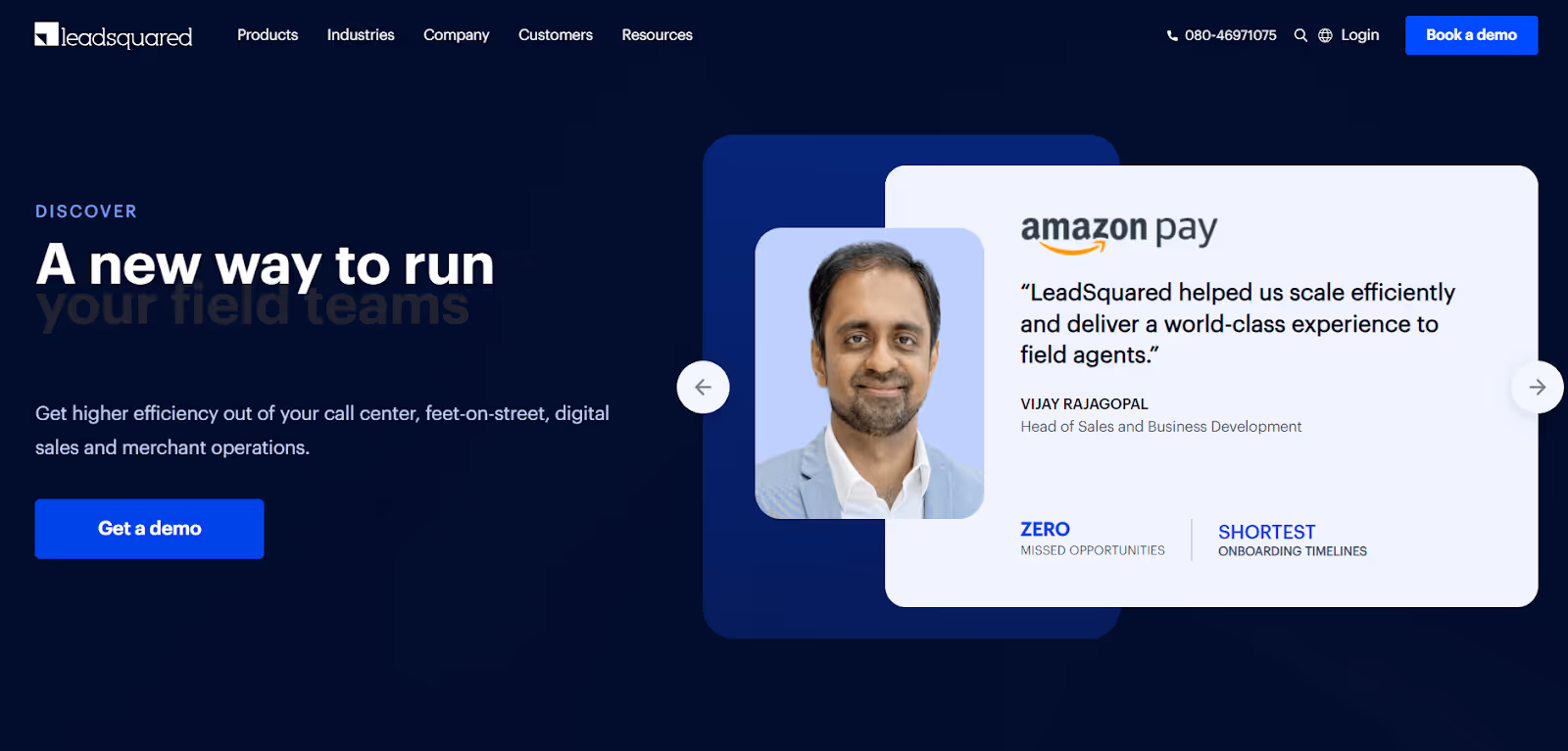 The image is a web page header for LeadSquared, featuring a testimonial about their field team management and efficiency.