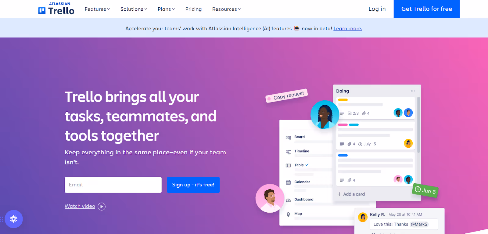 The image is a promotional web page for Trello, highlighting its ability to bring tasks, teammates, and tools together in one place for organizational and collaboration purposes.