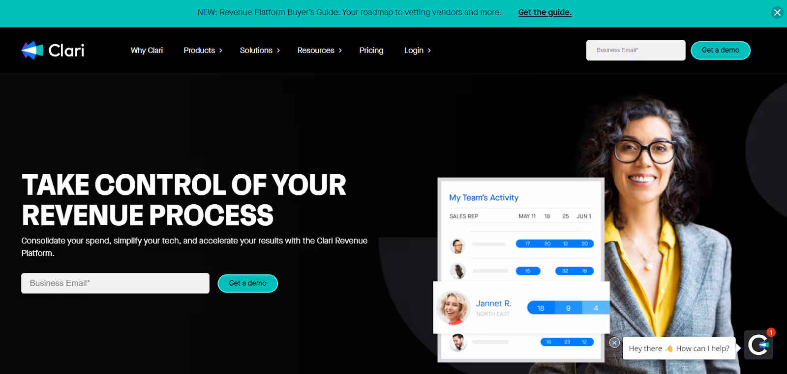  The image is a web page header for Clari, highlighting their solution for taking control of the revenue process with an option to get a demo.