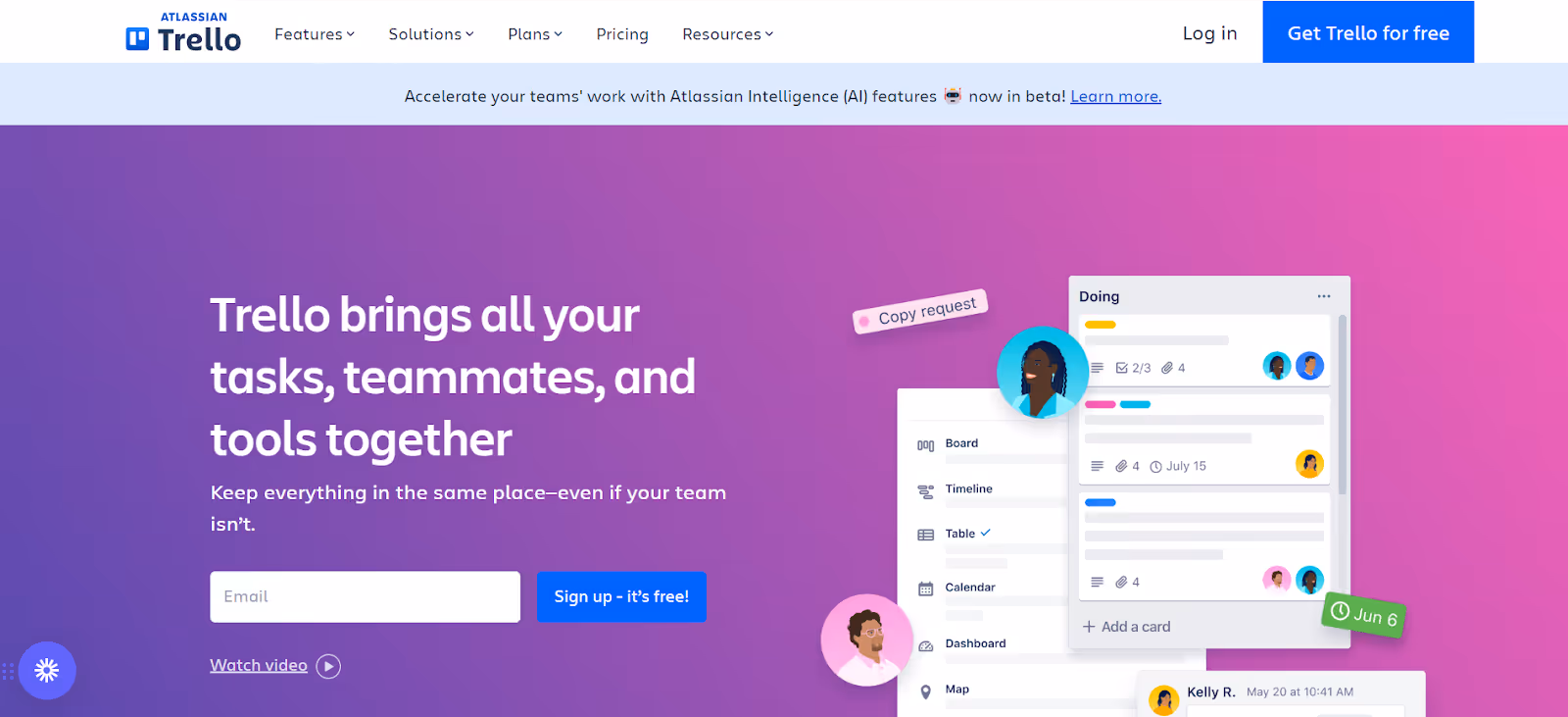 Homepage screenshot for Trello, emphasizing its capability to consolidate tasks, teammates, and tools in one place.