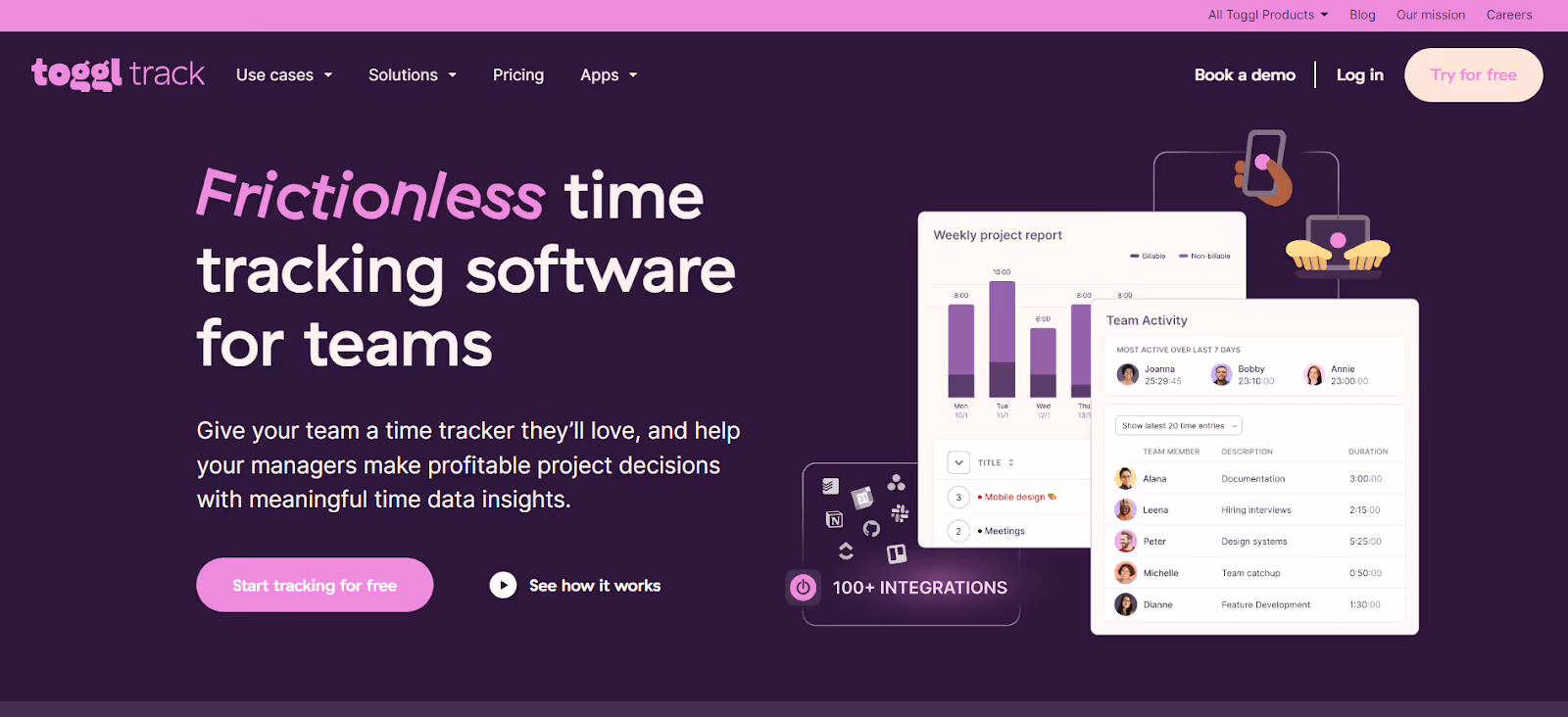 Homepage screenshot for Toggl Track, advertising their frictionless time tracking software for teams, with a visual of the interface and a call to "Start tracking for free."