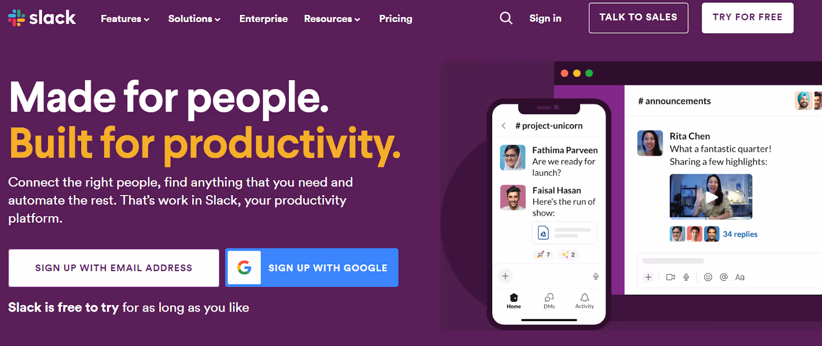 Slack, a sales management tool and chat platform, transforms business communication by connecting employees with essential information, fostering unity and teamwork.