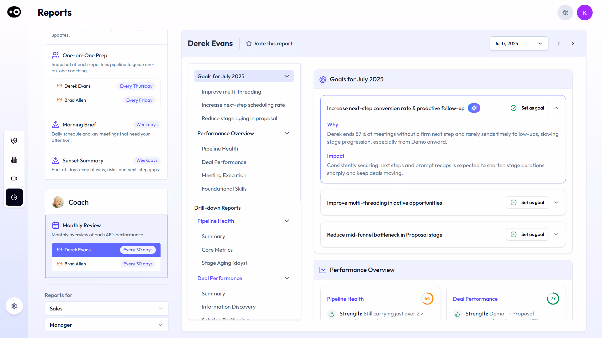 Clari's coaching and forecasting dashboard feature's detailed analysis. 