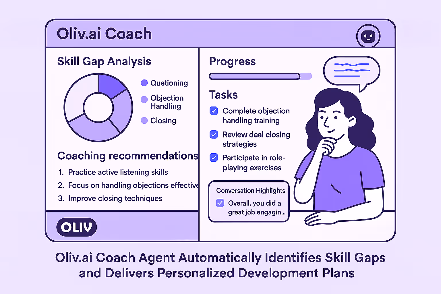 Oliv AI Coach agent automatically analyzes sales conversations to provide personalized coaching and development recommendations