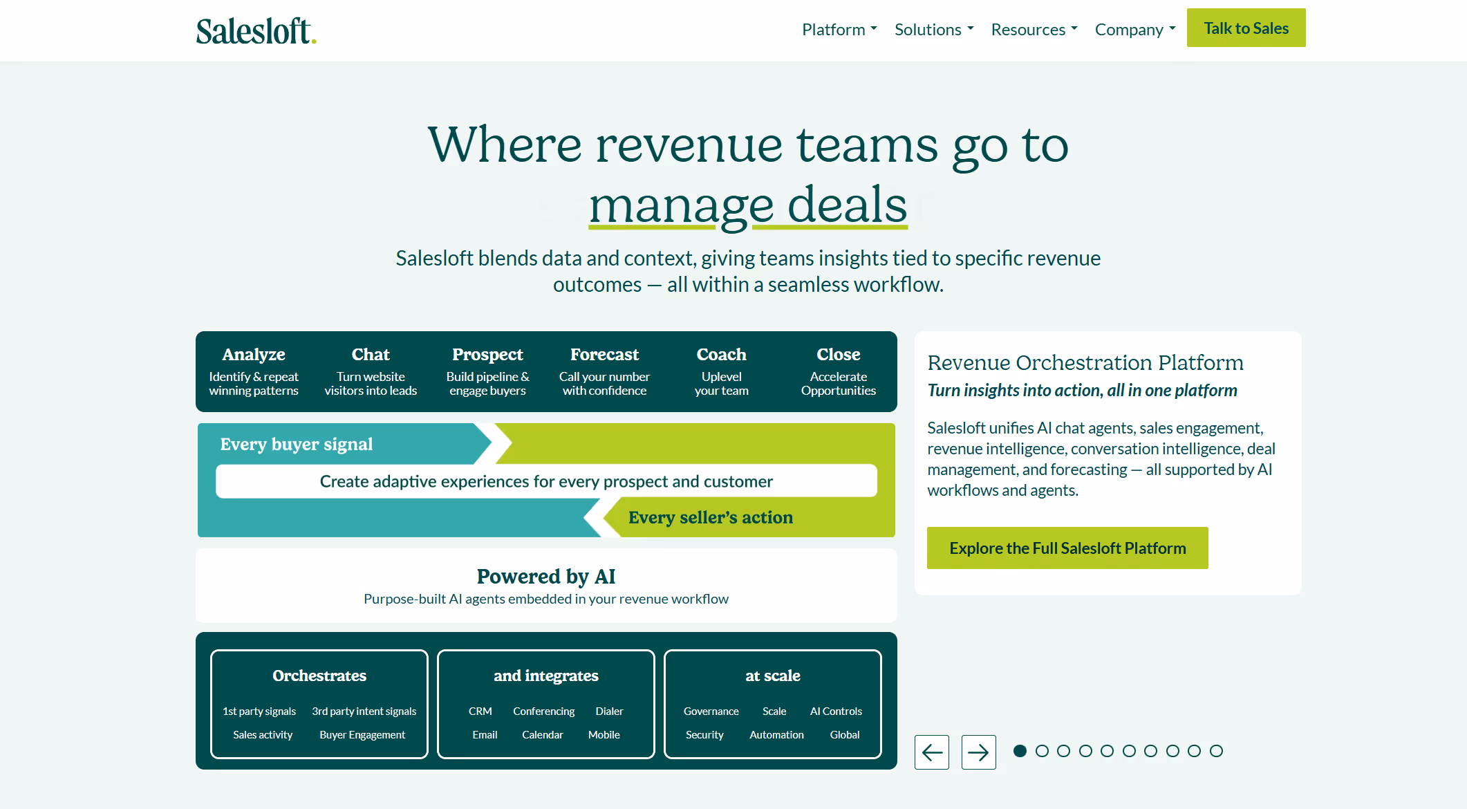 Salesloft revenue intelligence platform workflow diagram showing deal management stages from analysis to close with AI integration