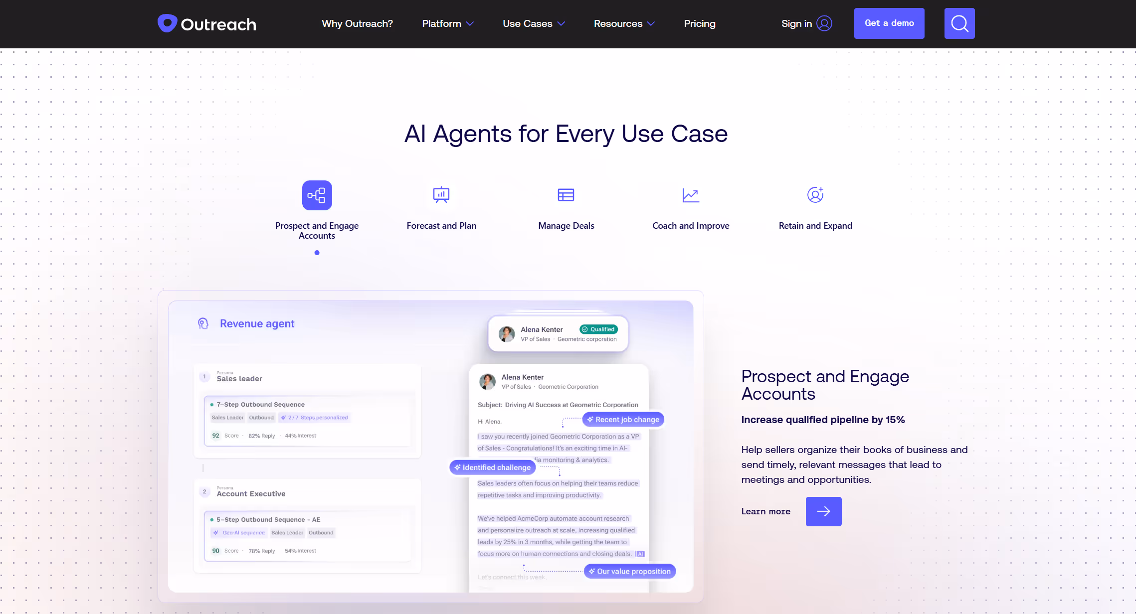 Outreach AI sales engagement platform interface showing revenue agent workflows and account prospecting automation features