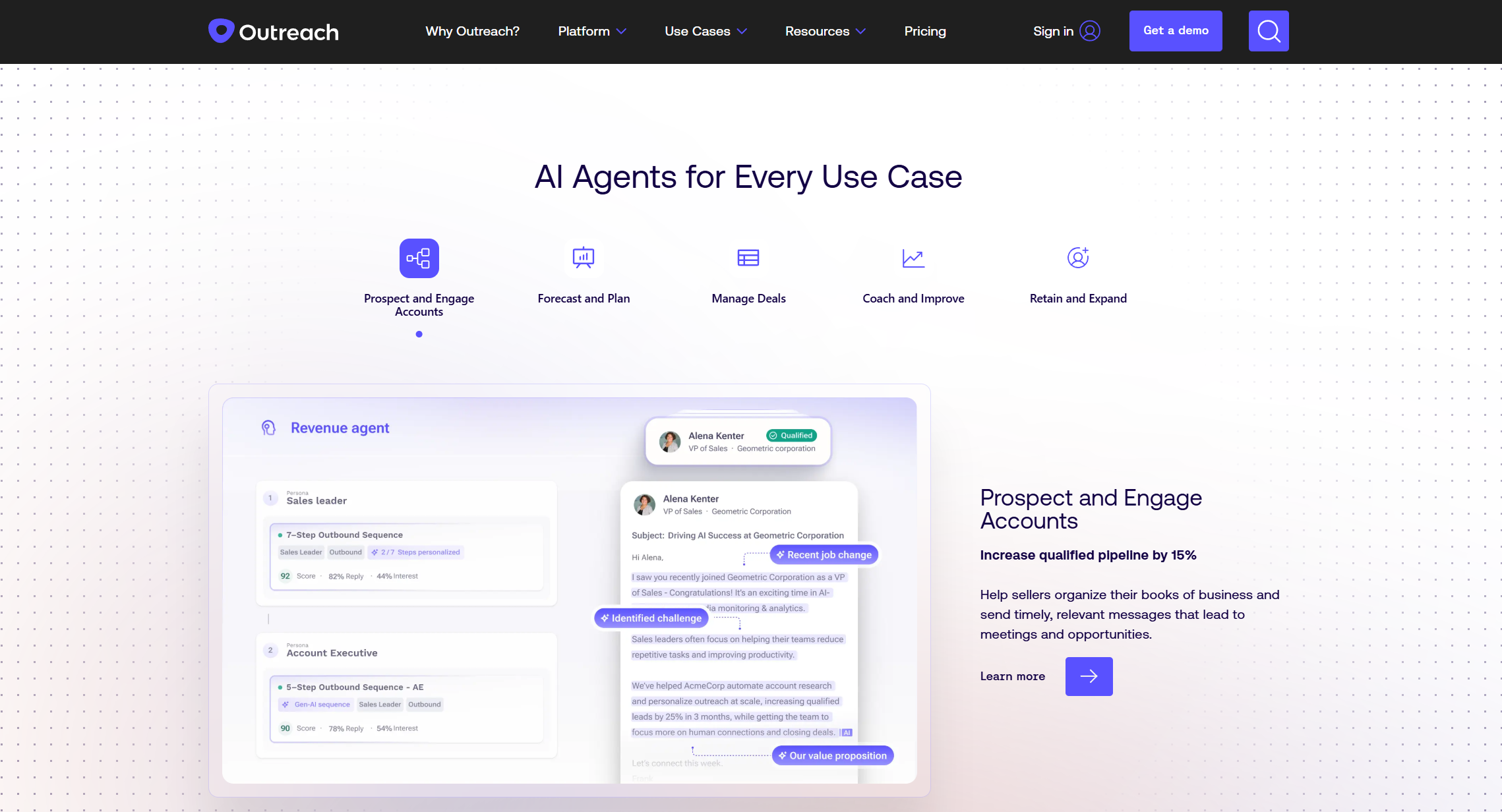 Outreach AI sales engagement platform interface showing revenue agent workflows and account prospecting automation features