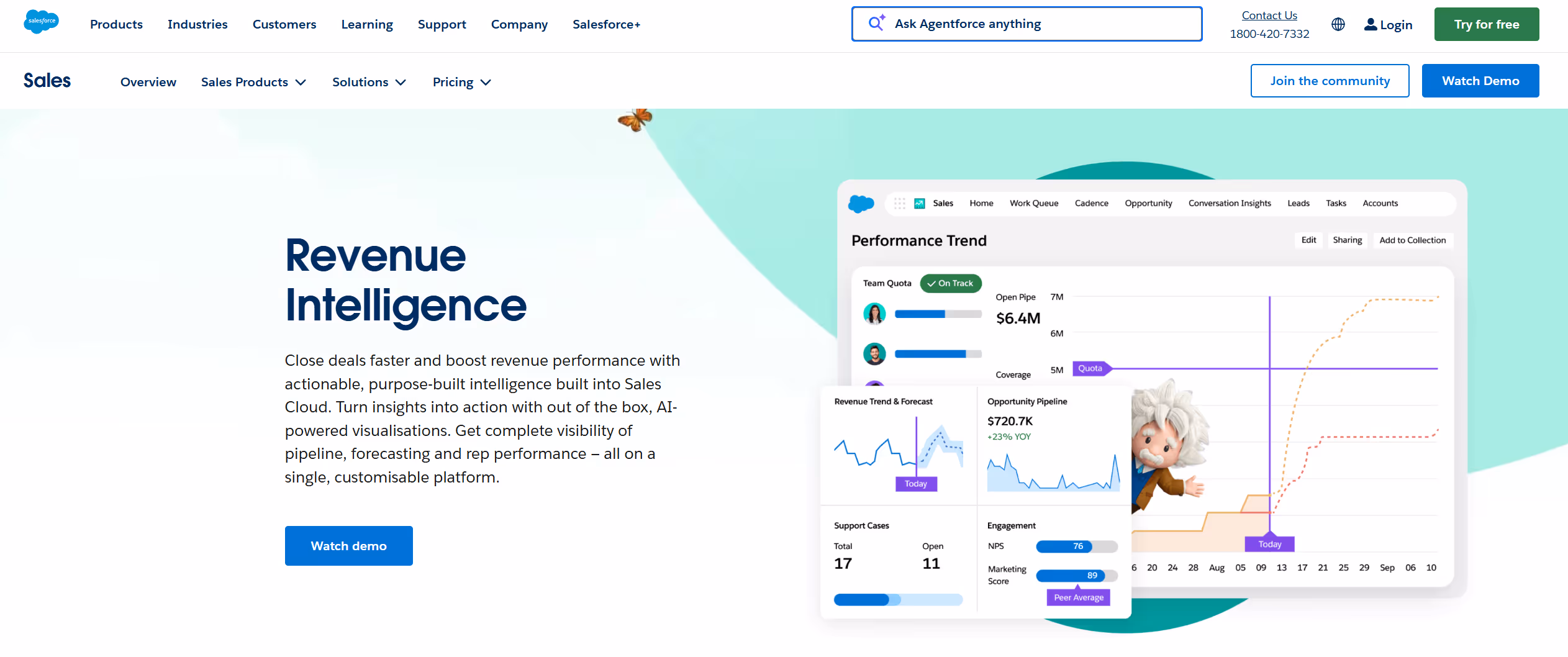 Salesforce Revenue Intelligence dashboard displaying performance trends, team quotas, and pipeline forecasts with engagement metrics
