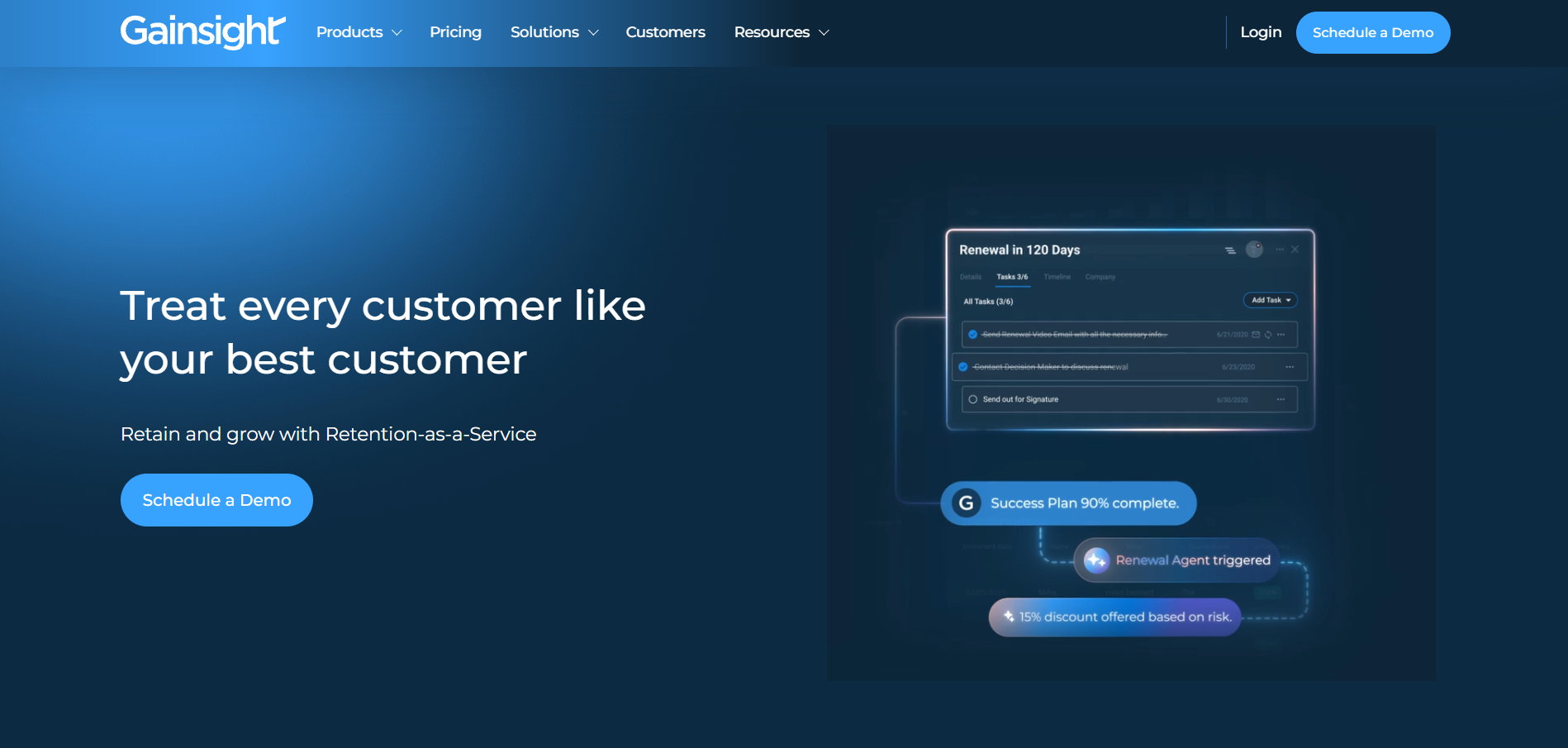 Gainsight customer success platform interface showing renewal tracking, success plans, and AI renewal agent