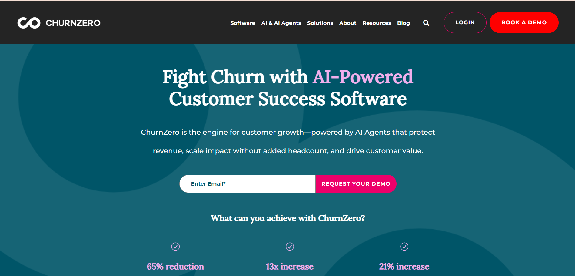 ChurnZero customer success platform homepage featuring AI-powered churn reduction software and demo request
