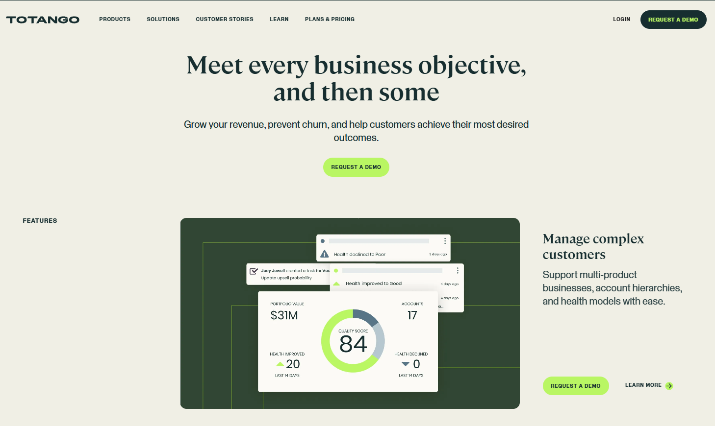 Totango customer success dashboard with portfolio value, account health scores, and quality metrics