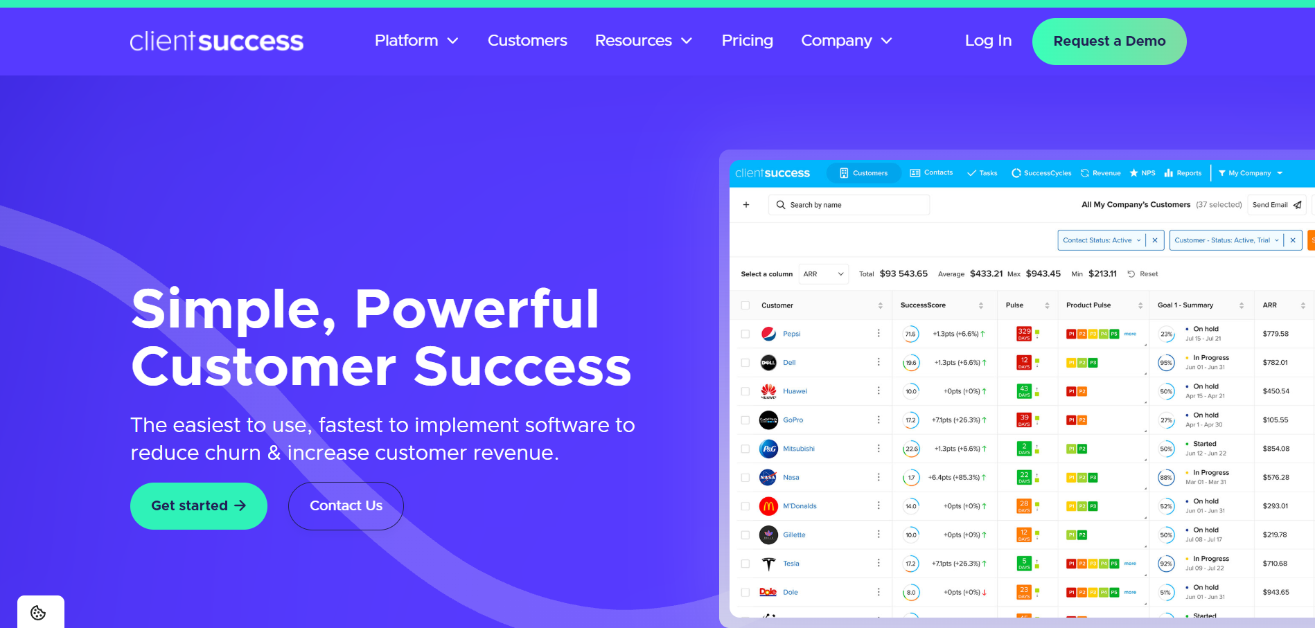 ClientSuccess platform showing customer health scores, product pulse, ARR tracking, and goal summaries