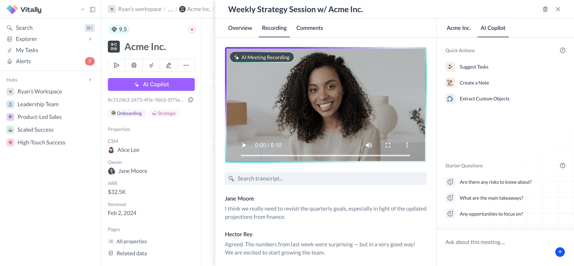 Vitally CS platform showing AI meeting recording, account view, copilot sidebar, and transcript search
