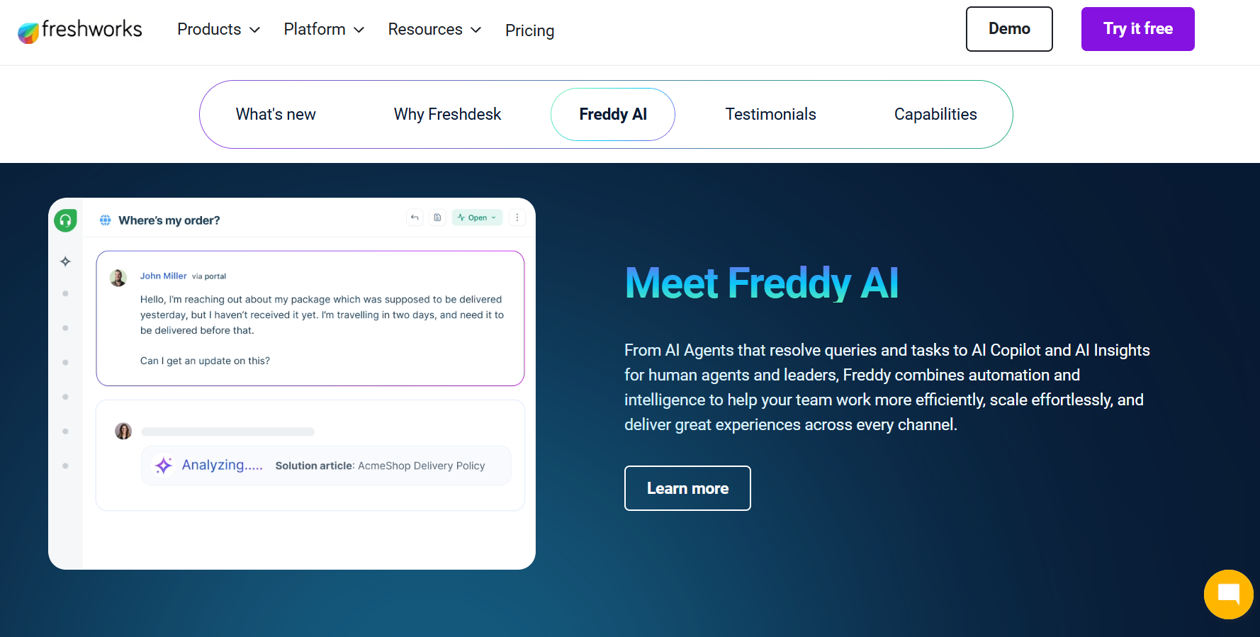 Freshworks Freddy AI interface showing AI agents, copilot, and automated customer query resolution