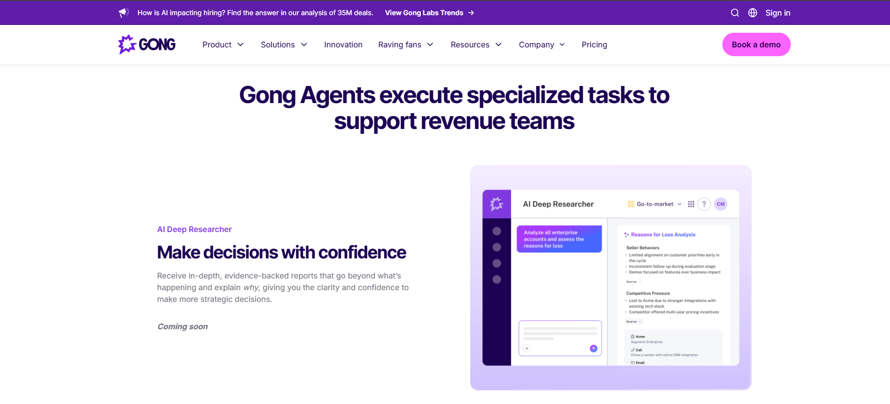 Gong sales assistant dashboard showing the AI Deep Researcher agent analyzing enterprise accounts and reasons for loss.
