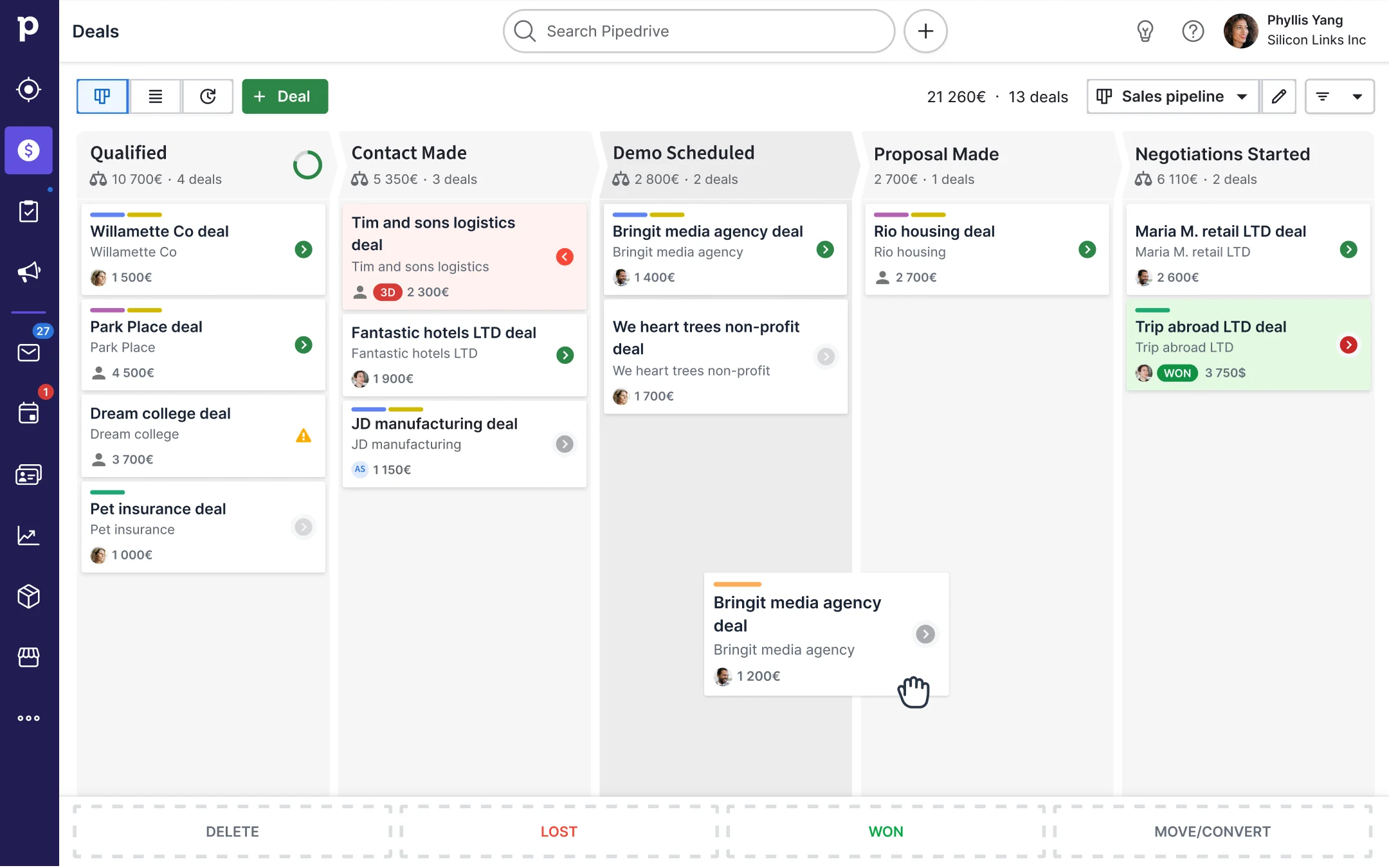 Pipedrive sales pipeline software dashboard showing deals across Qualified, Contact Made, Demo Scheduled, Proposal Made, and Negotiations stages.