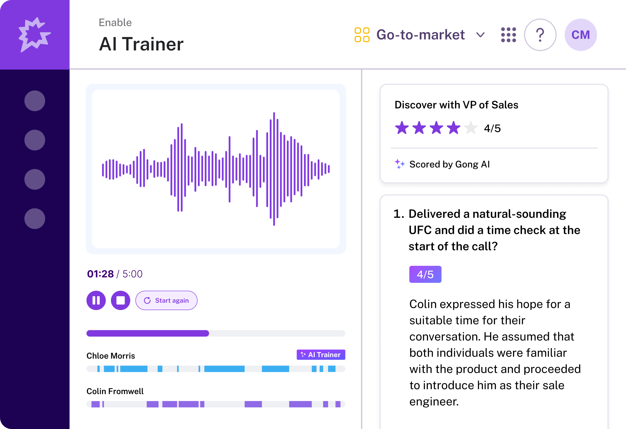 Gong RevOps software team pipeline view tracking won deals, quota attainment, and rep strengths and weaknesses