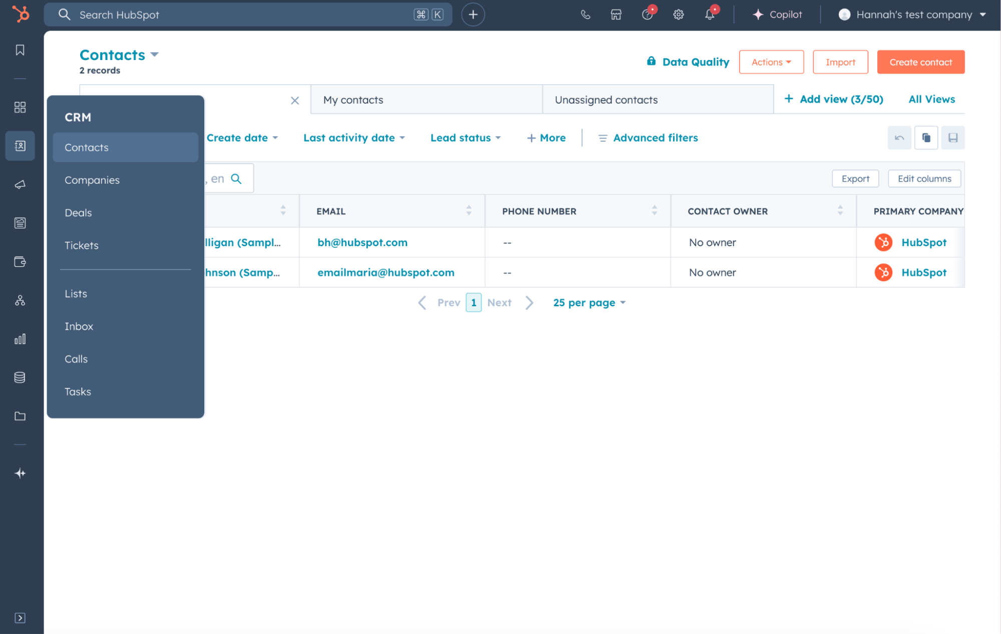 HubSpot RevOps software CRM contacts view with lead status filters, data quality, and Copilot navigation