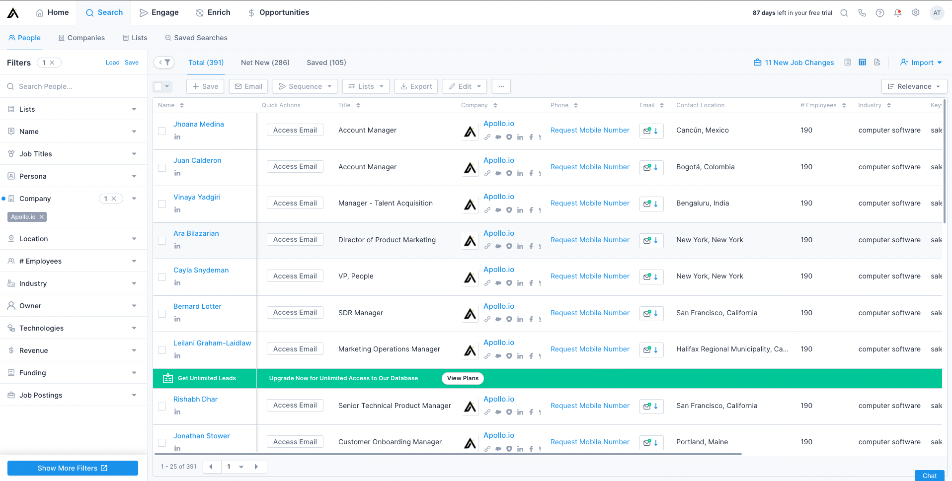 Apollo prospecting search results listing people by title, company, location, and employee count with email access actions