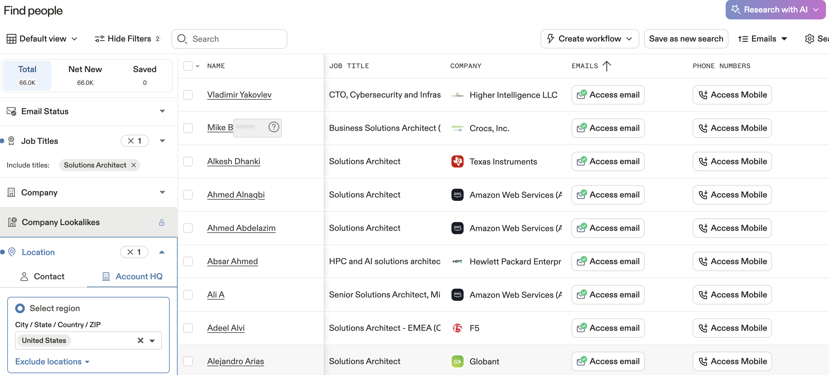 Apollo Find People prospecting view filtering contacts by job title, company, and location with AI research