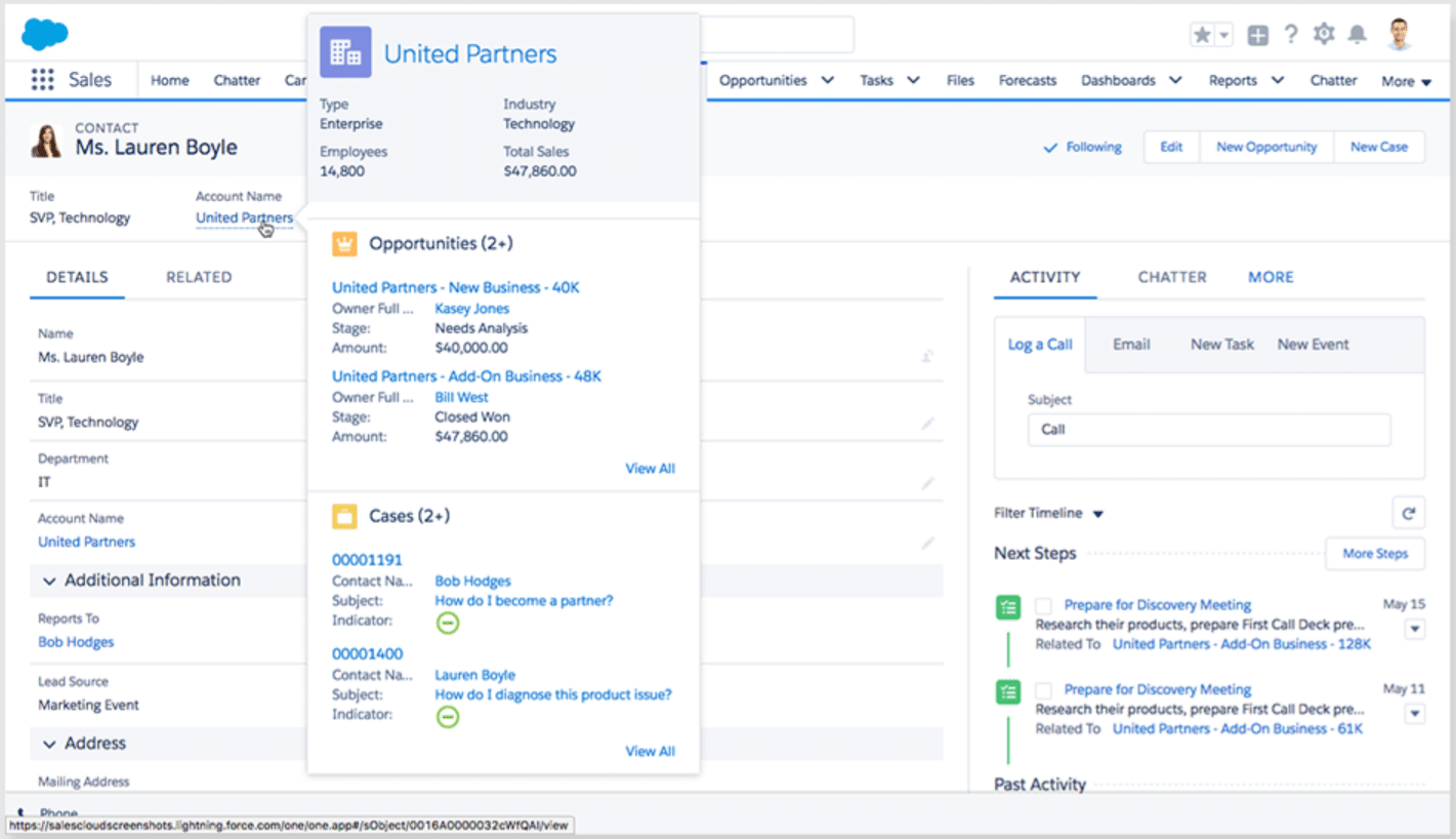 Salesforce contact record showing account details, opportunities, cases, and next-step activity timeline