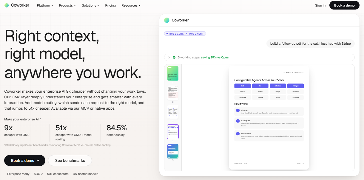 Coworker app building a follow-up PDF after a Stripe sales call, showing working steps and configurable agents across Slack, Salesforce, HubSpot, and Gong