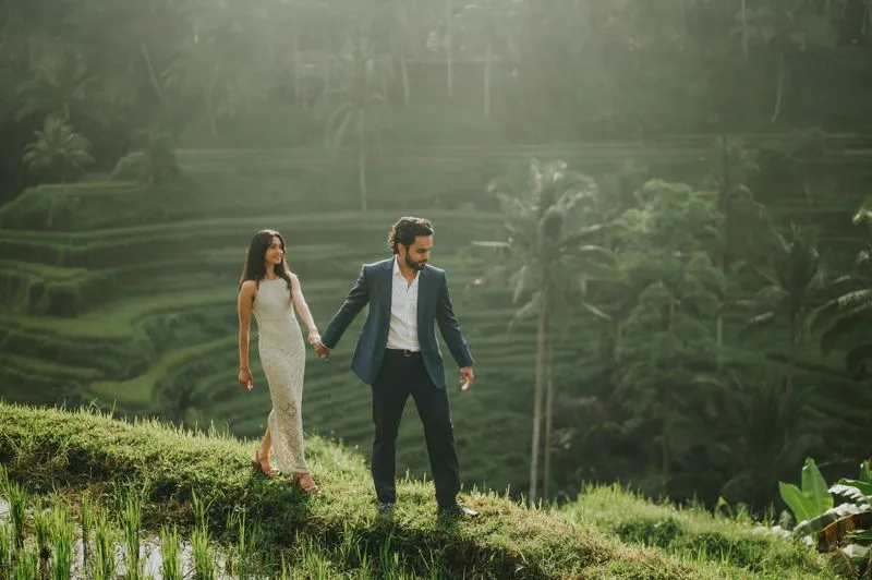 Romantic forest proposal setup in Ubud Bali with tropical greenery