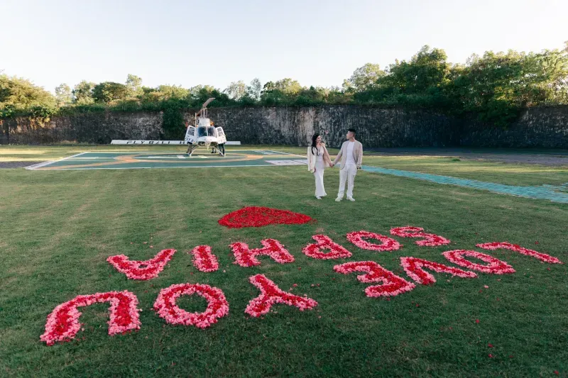 Helicopter proposal over Bali, an adventurous hidden gem experience