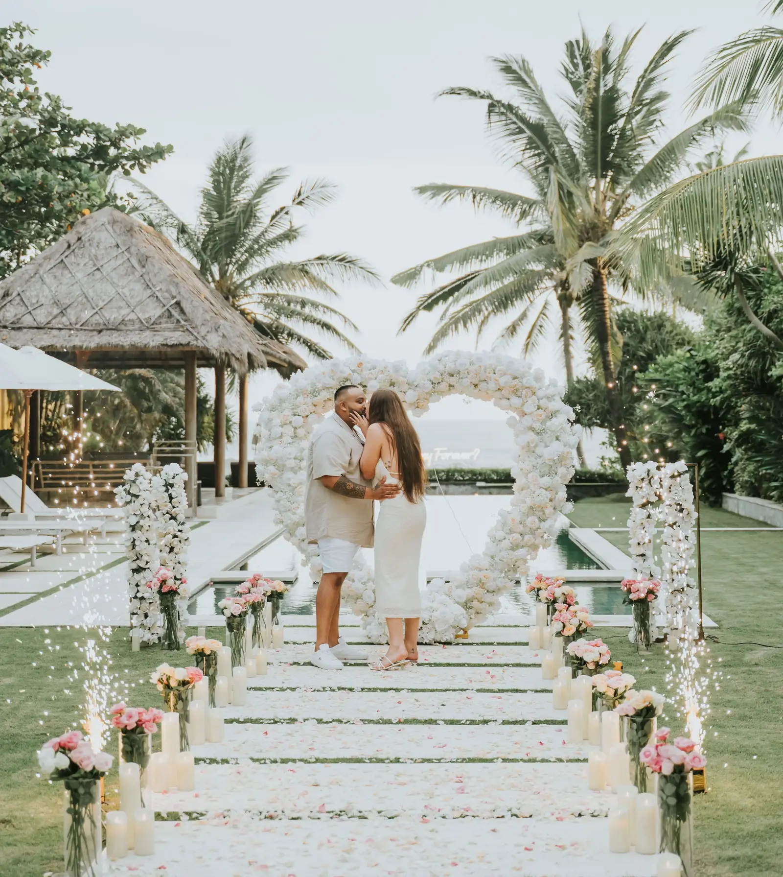 Villa proposal with heart shaped flower arch