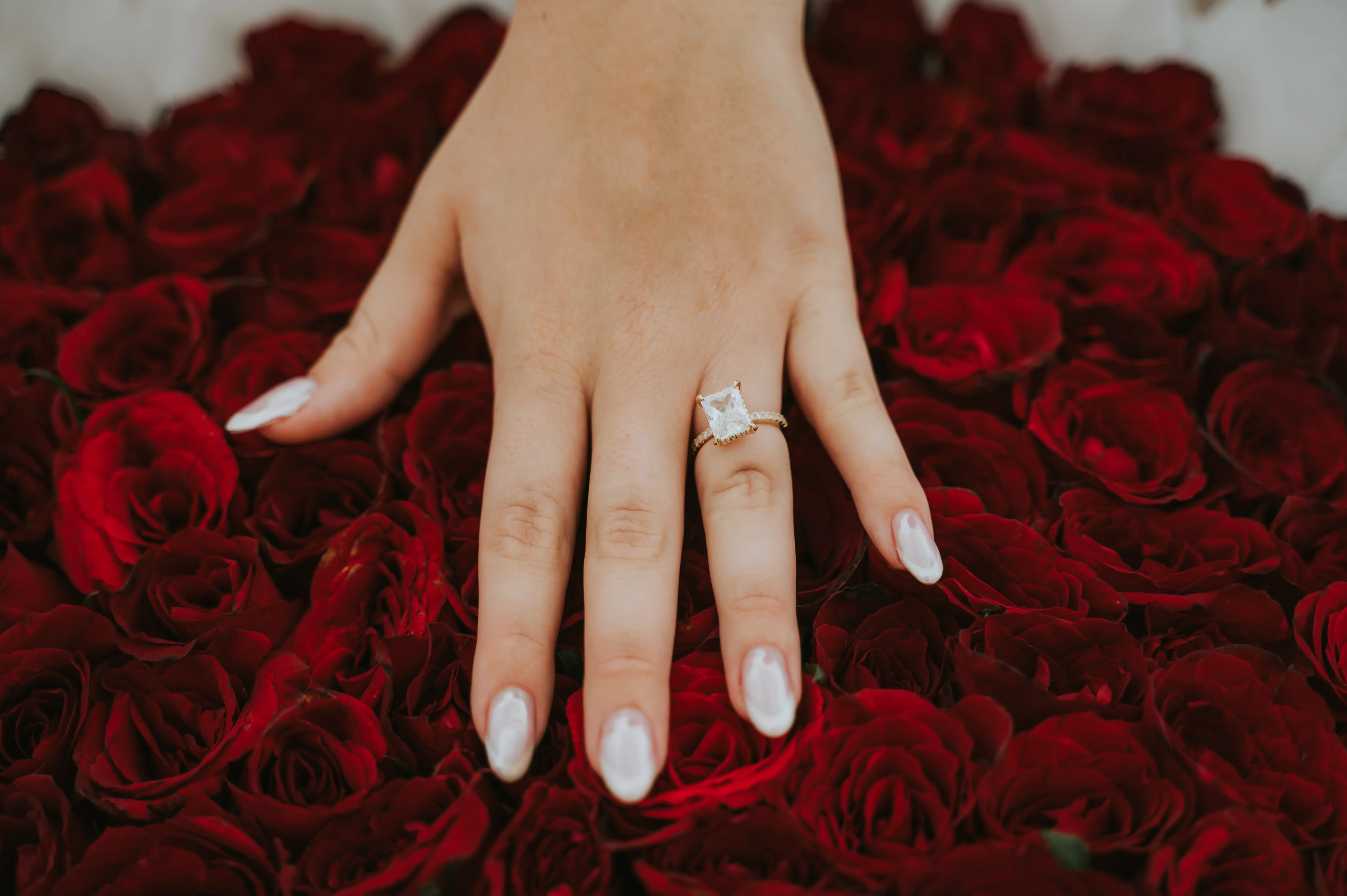 Engagement ring on bed or roses