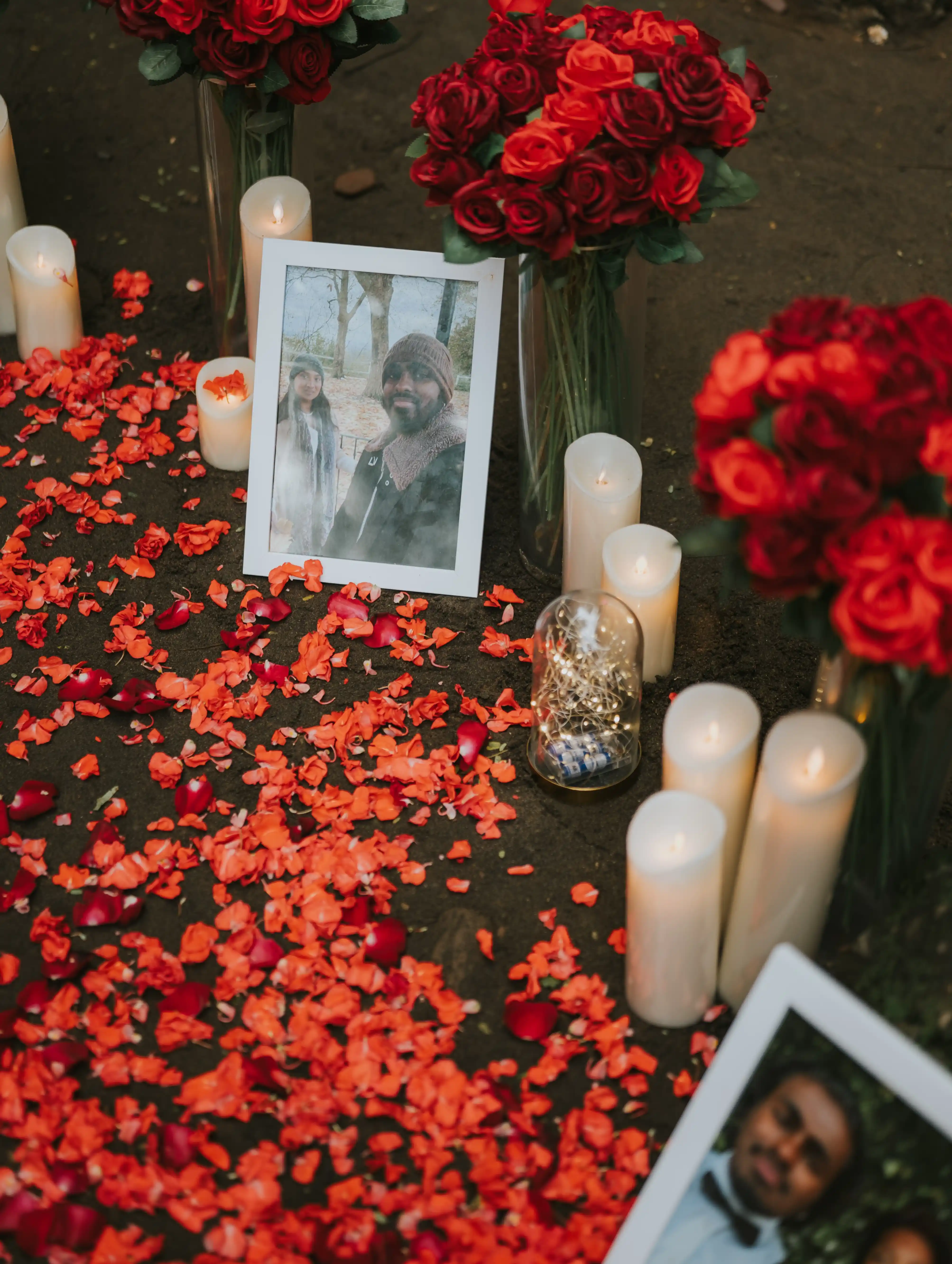 Printed pictures and rose petals for marriage proposal
