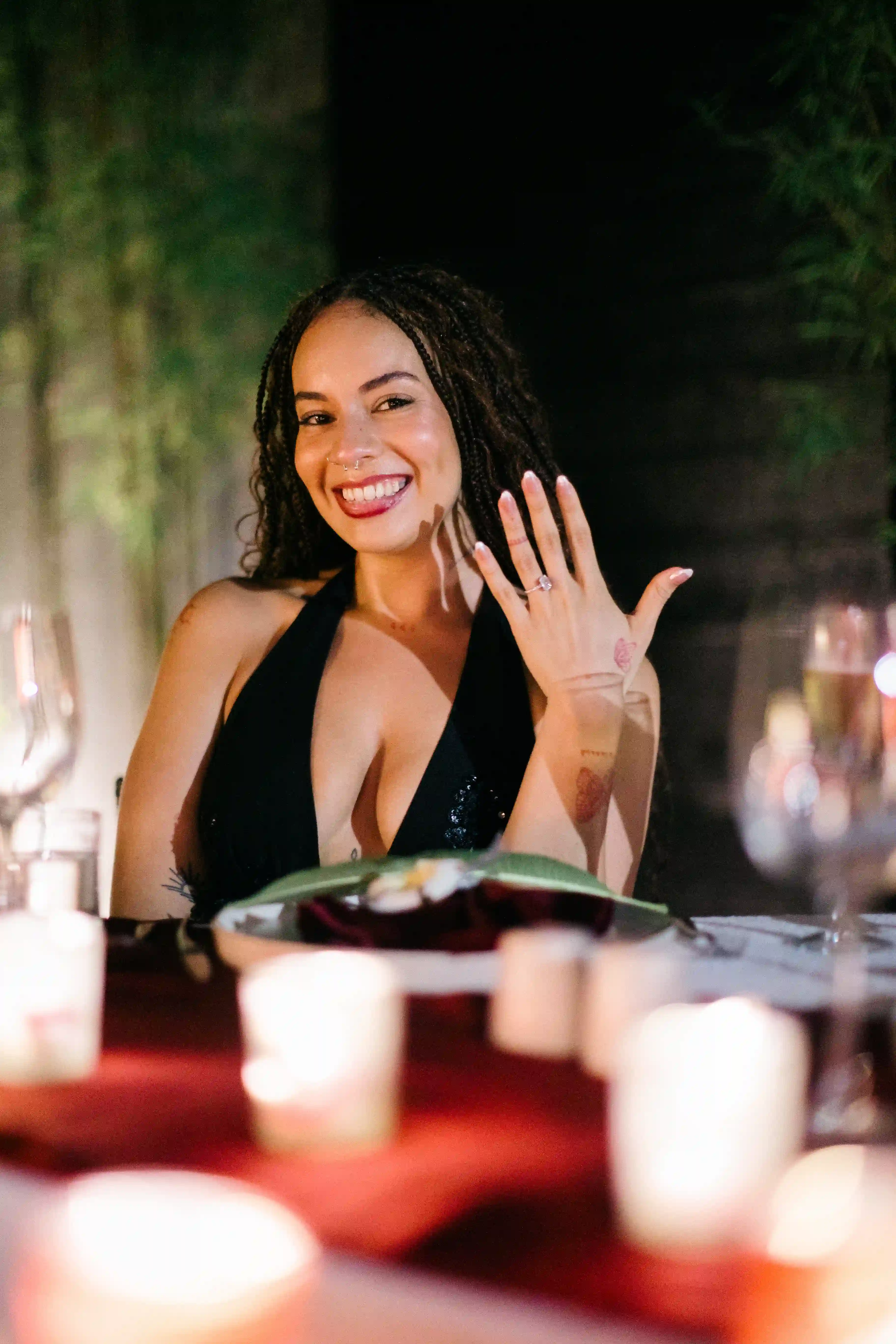 Bride-to-be showing engagement ring during romantic Bali proposal