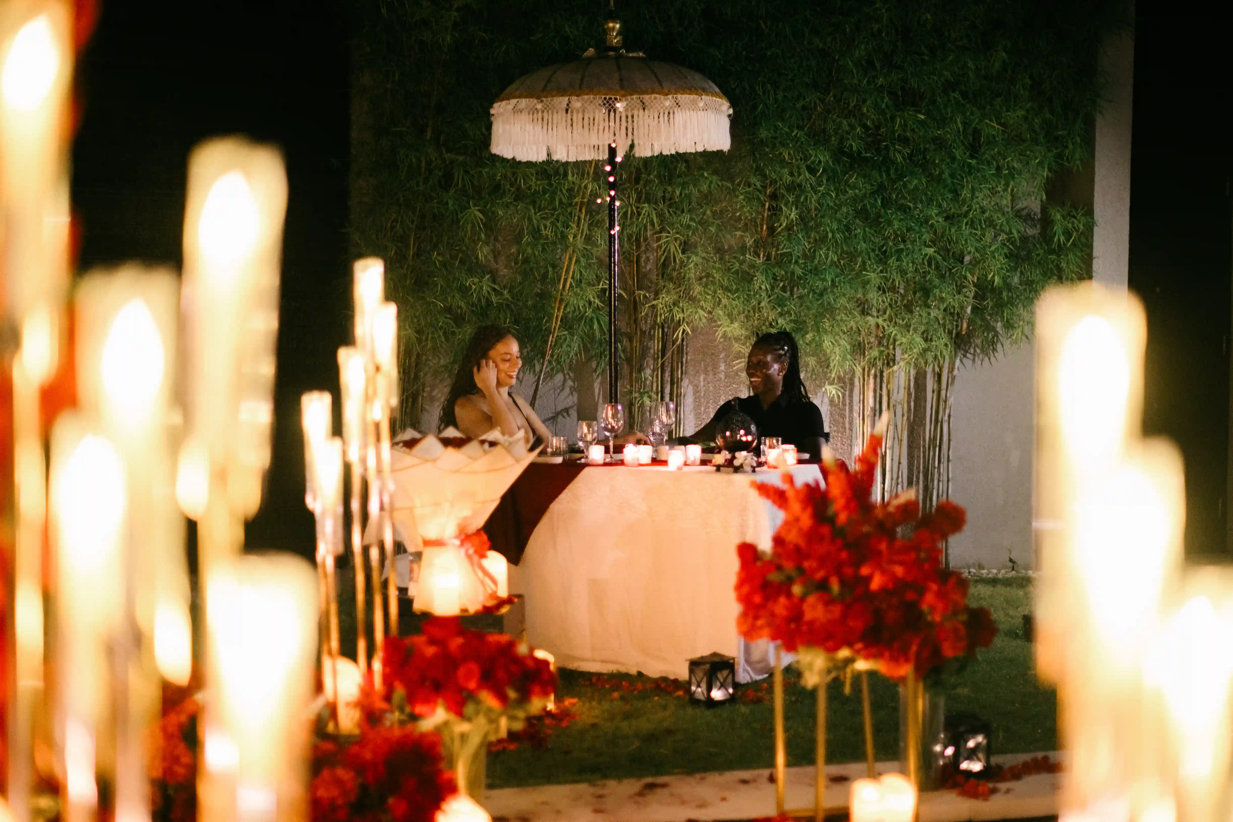 Candlelit romantic dinner setup at Bali villa after proposal