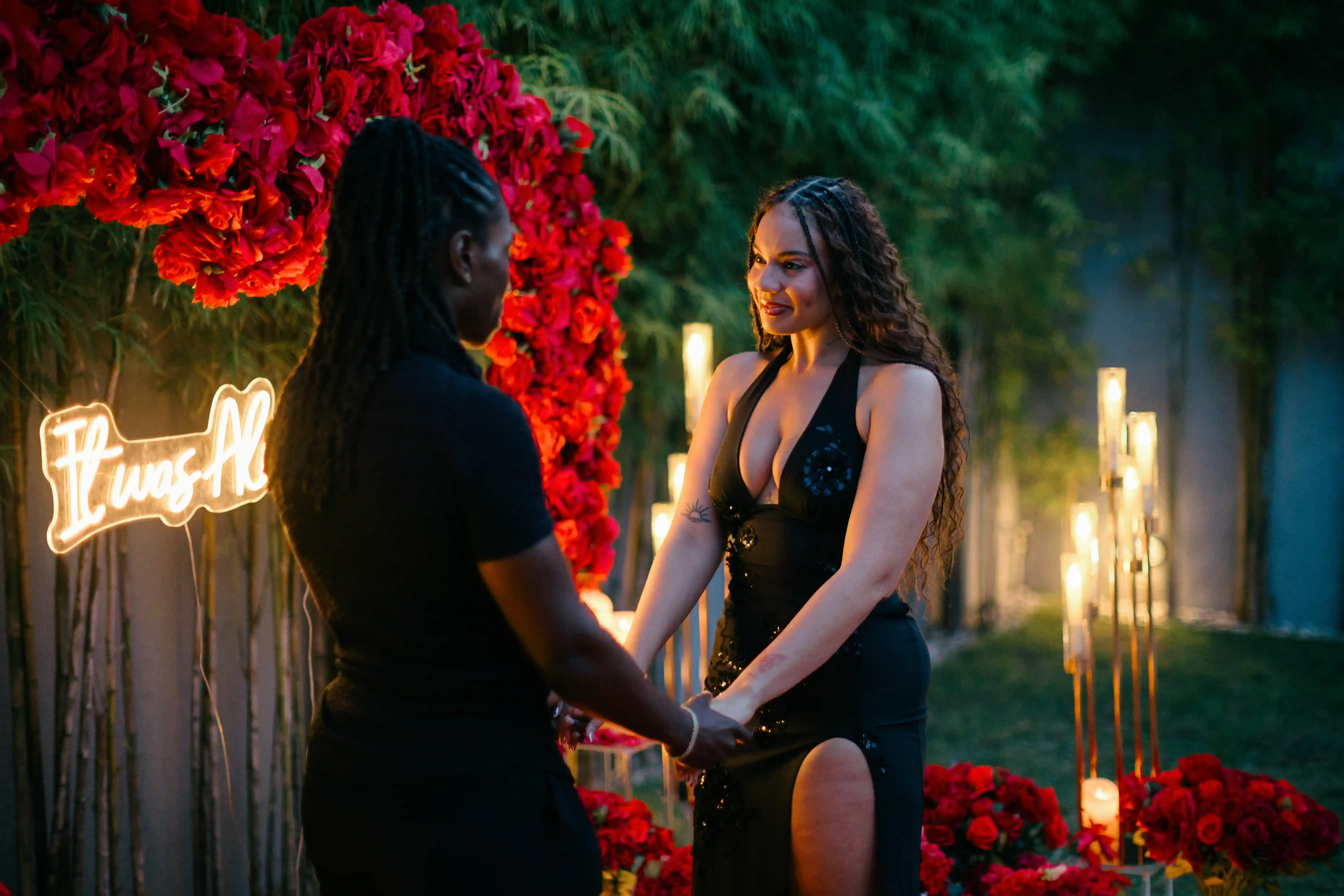 Couple holding hands during intimate villa proposal in Bali
