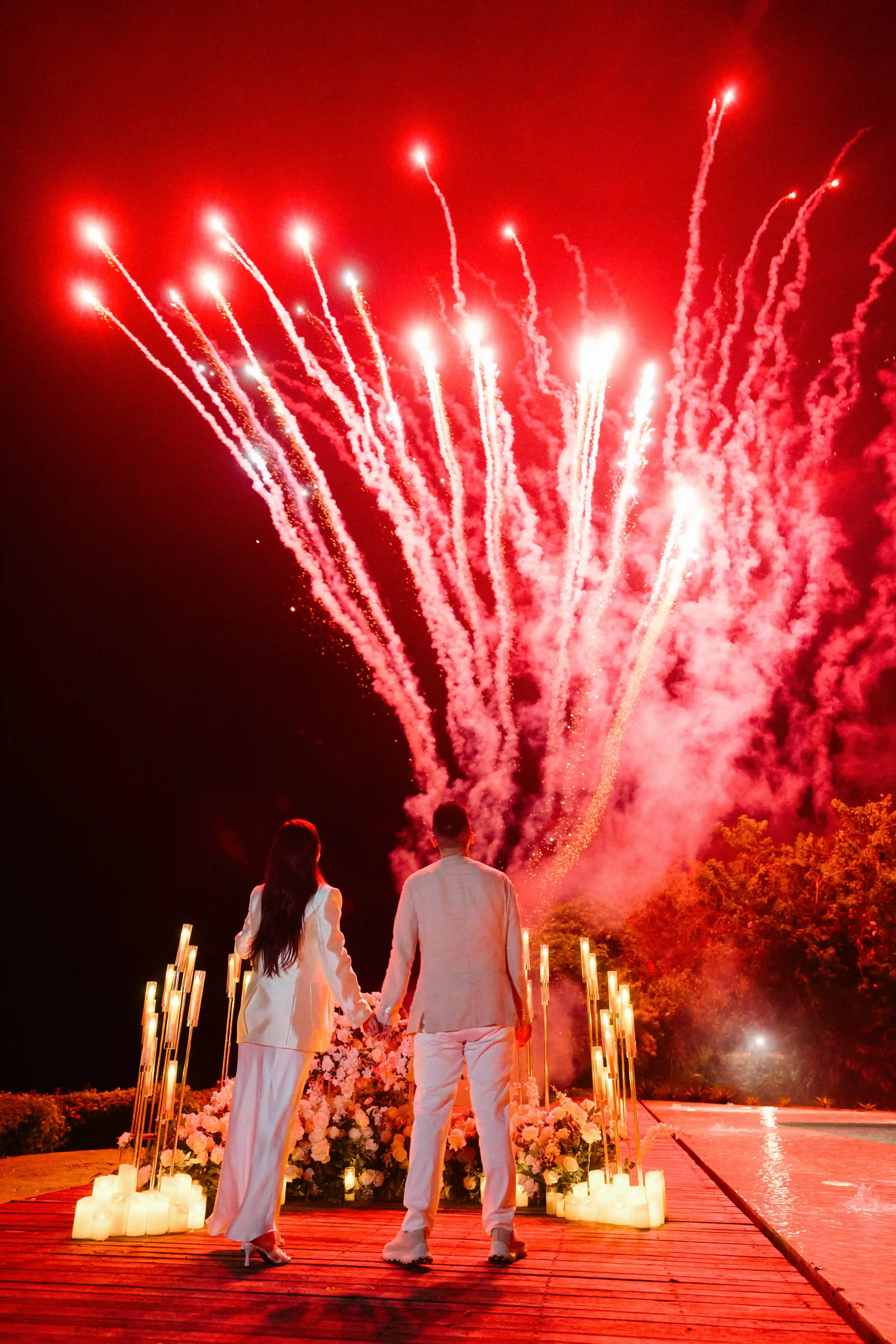 Fireworks finale at a luxury cliffside proposal villa in Bali