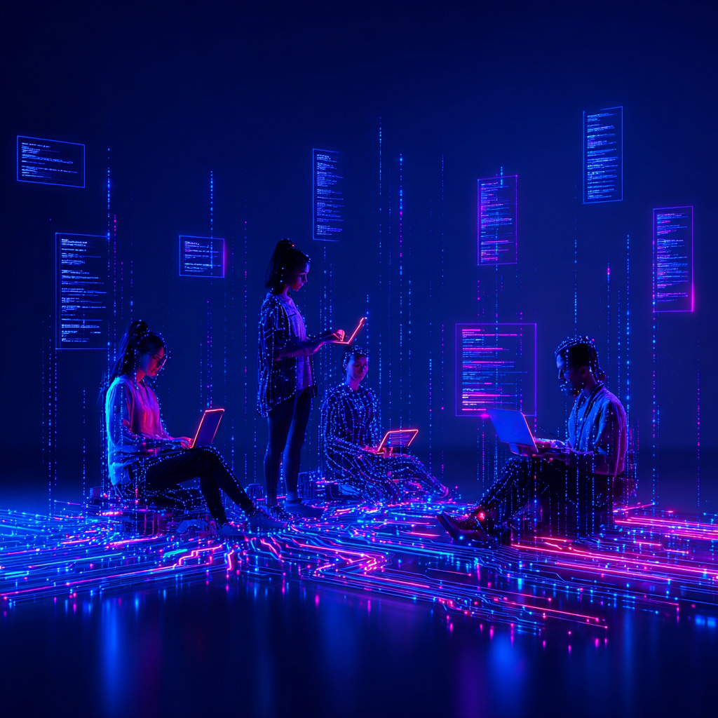 A group of people sitting in a futuristic environment and studying