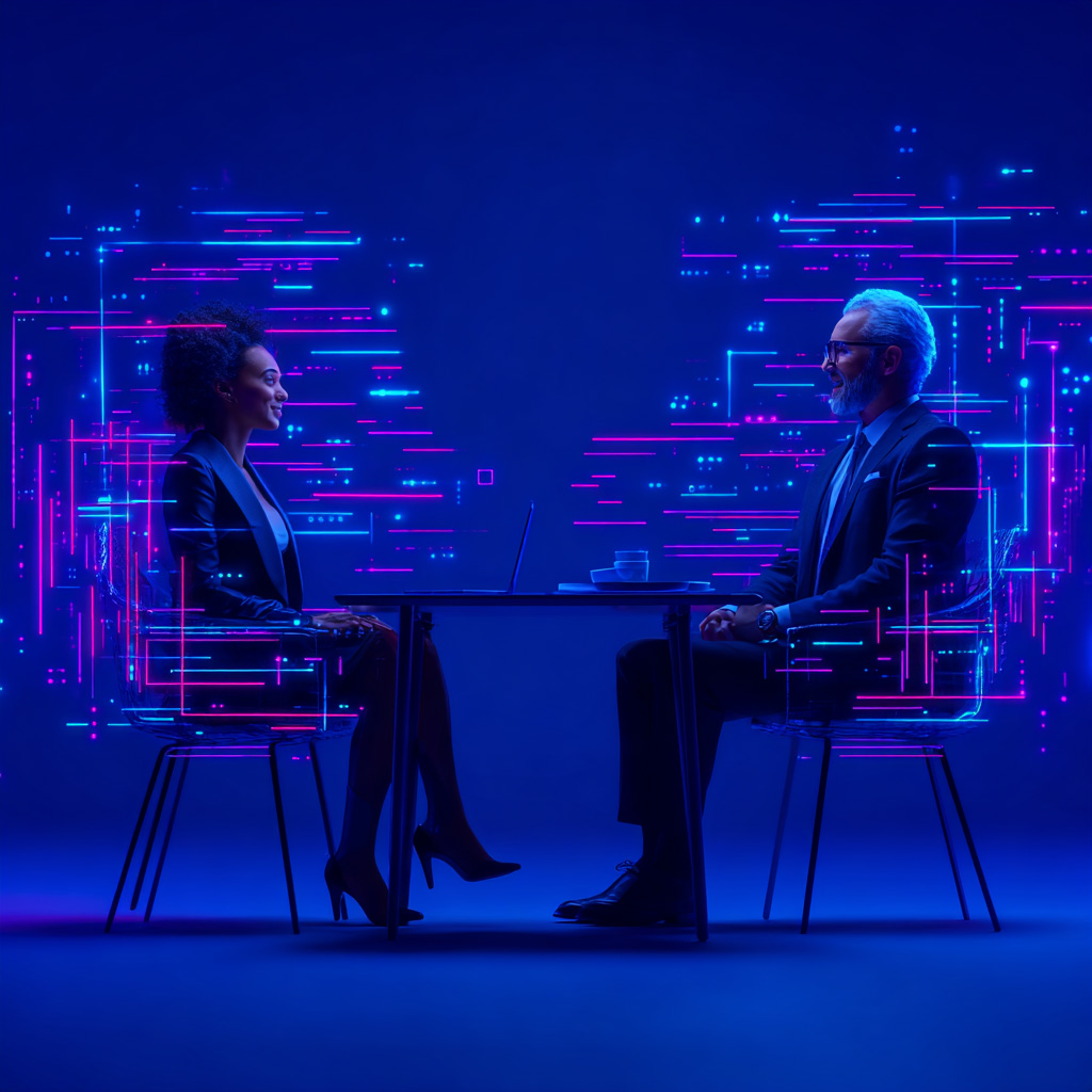 A woman and a man sitting at a table and speaking