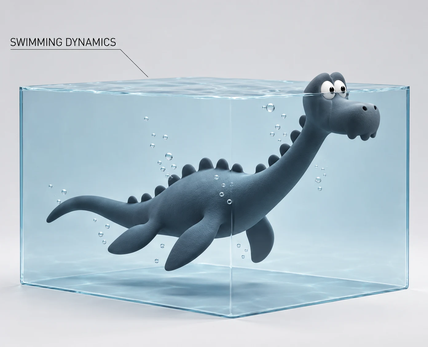 Lost Nessie swimming dynamics mockup in a transparent water volume.