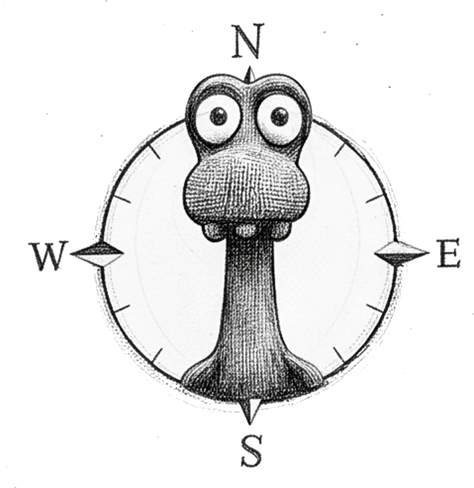 Ink-hatched drawing of Lost Nessie rising through the center of a compass rose.
