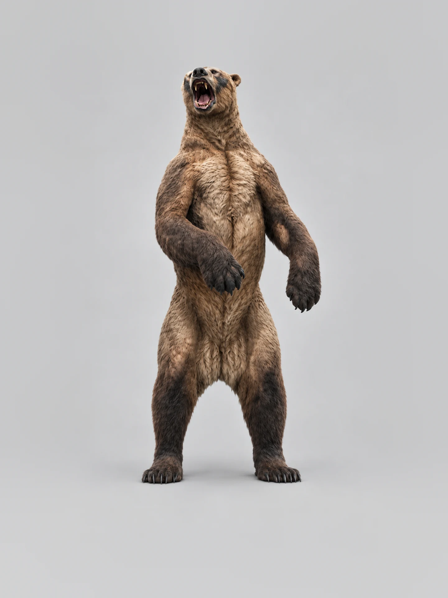 Short-faced bear puppet, front view, standing and roaring