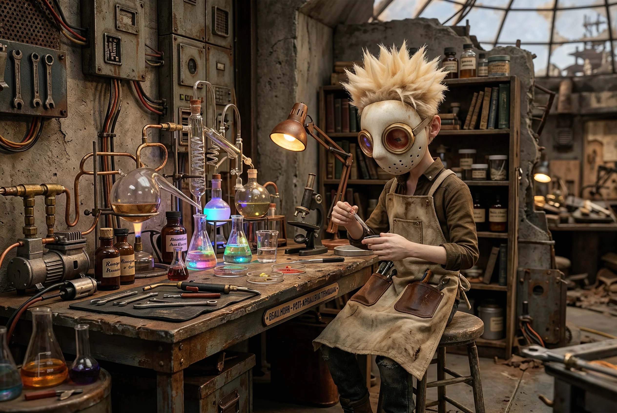 A masked tinkerer in goggles and a canvas apron works at a cluttered lab bench of glowing flasks and tools