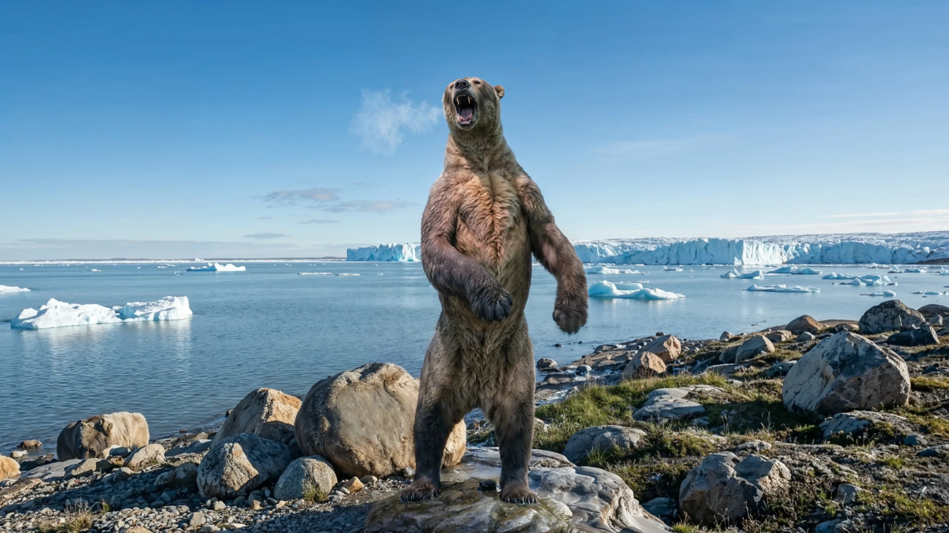 Short-faced bear puppet rearing and roaring on a rocky Arctic shoreline, icebergs and a glacier wall behind