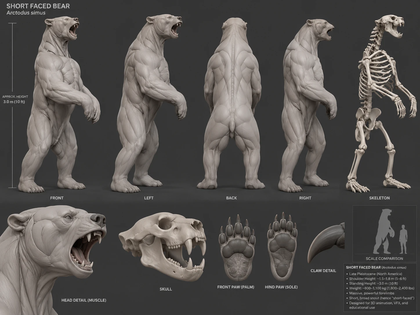 Short-faced bear (Arctodus simus) anatomy sheet: muscle turnaround front, left, back and right, full skeleton, muscle head detail, skull, front and hind paws, claw detail and a scale comparison with a person, about 3 m standing.