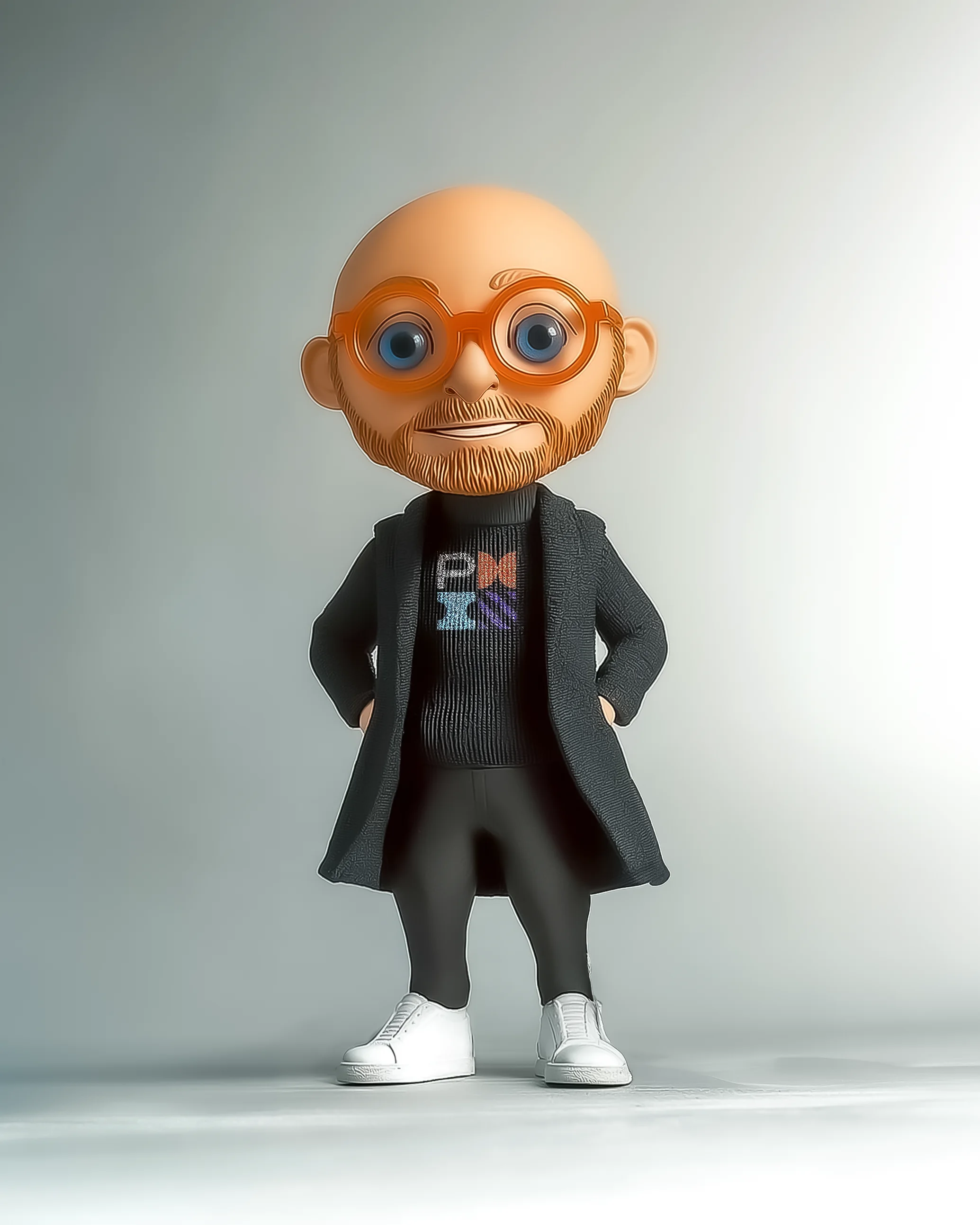 Professor Praxis, a toy-like figure with orange round glasses, a trim red beard, a PMI sweater, a long black coat and white sneakers