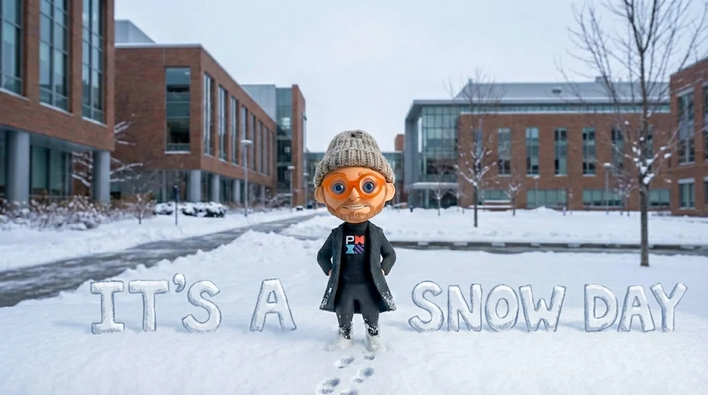 Professor Praxis in a knit hat standing in the snow on a college campus, with It's a snow day written in snow letters