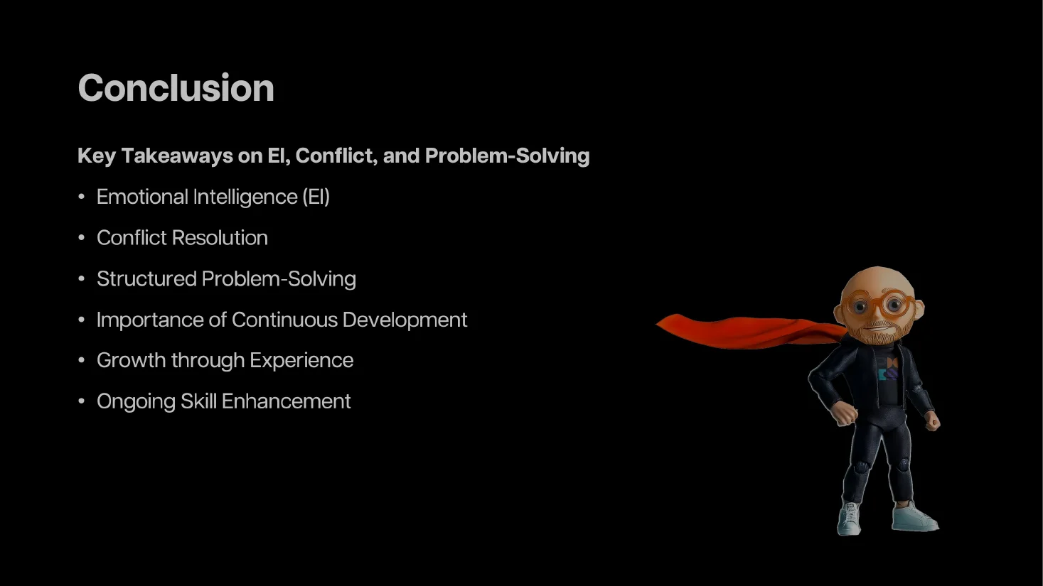 Powerskills conclusion slide with Professor Praxis in a red cape