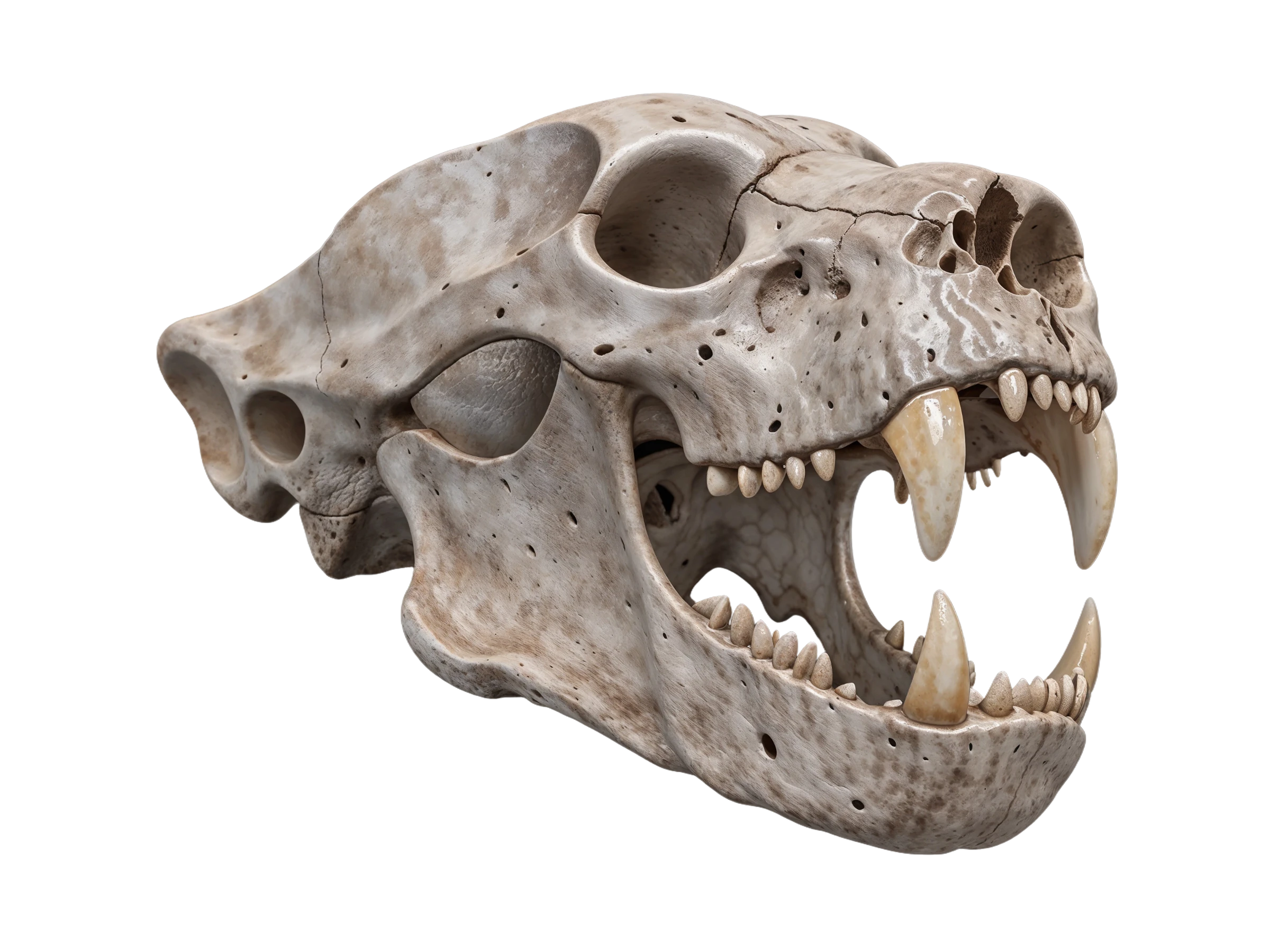 Short-faced bear skull in side view, aged ivory bone with pitting and cracks, jaws open, on a transparent background.
