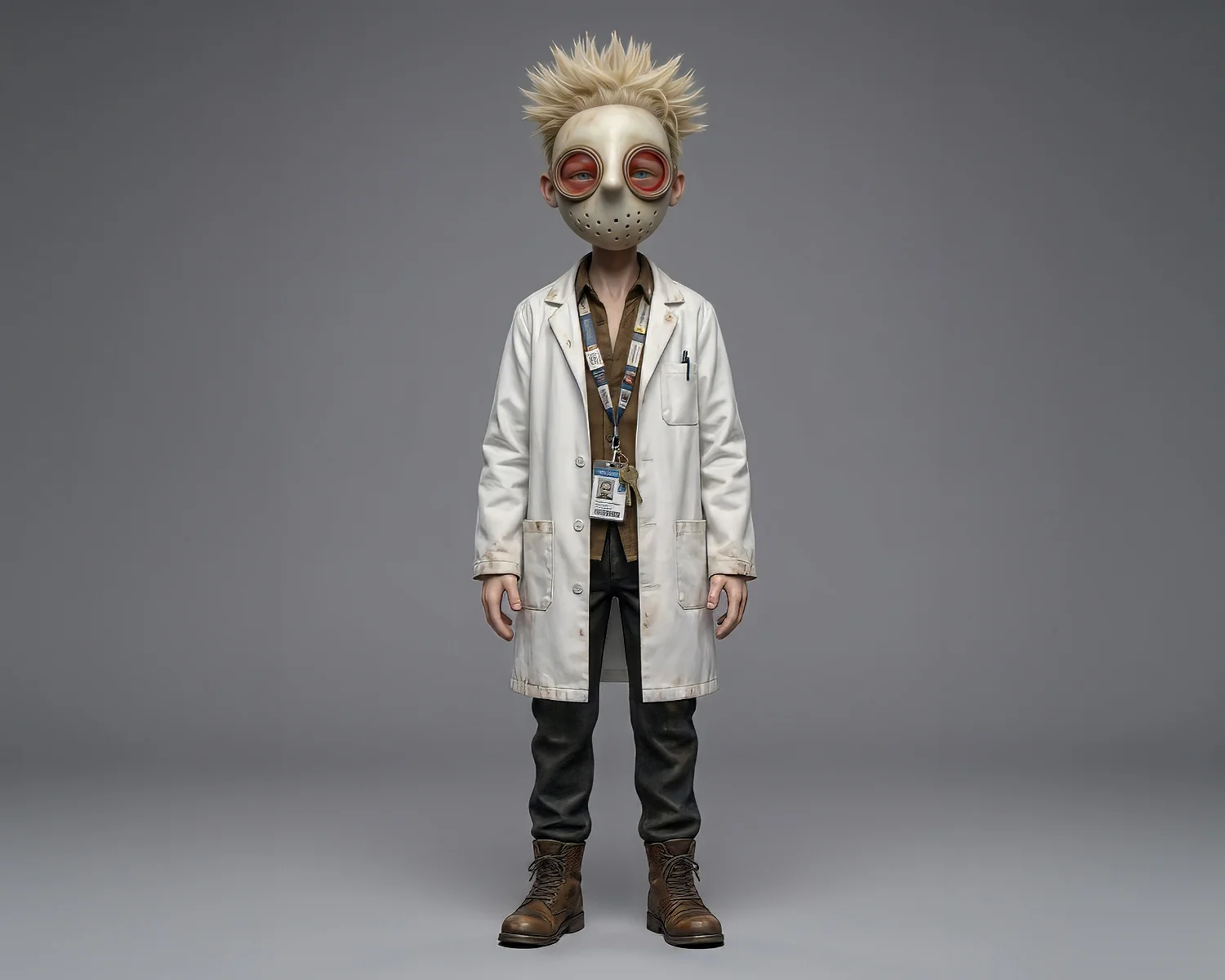 Imposters of Unevercity key art: a masked character with spiked blond hair and red goggle eyes in a stained lab coat.