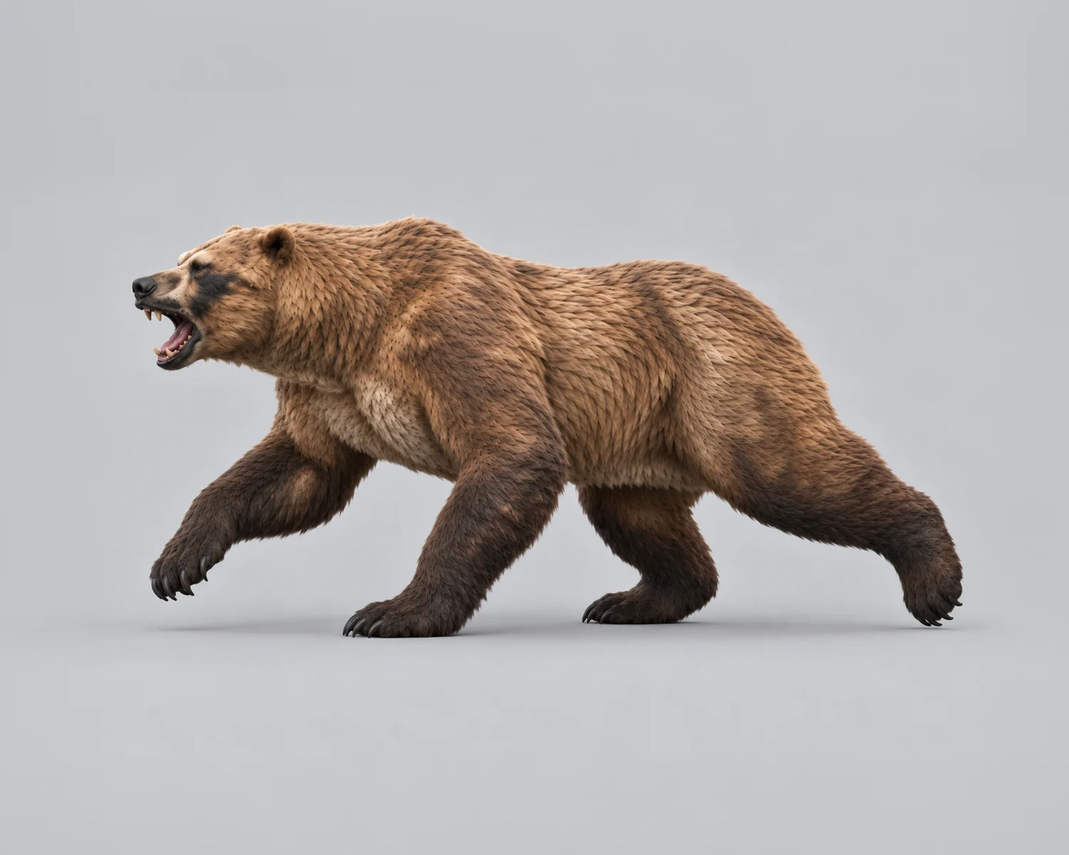Beardown key art: a North American short-faced bear striding in profile, jaws open in a roar.